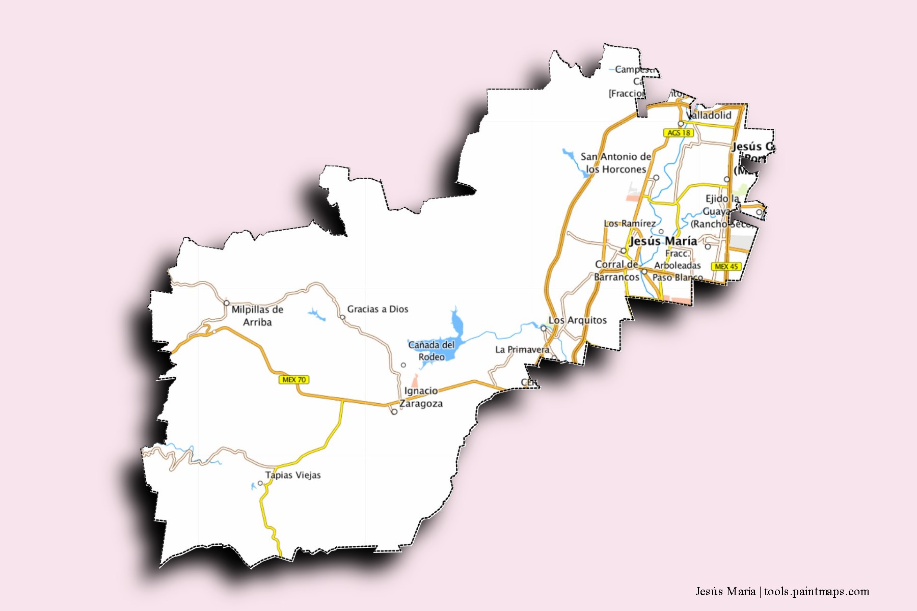 Mapa de barrios y pueblos de Jesús María con efecto de sombra 3D