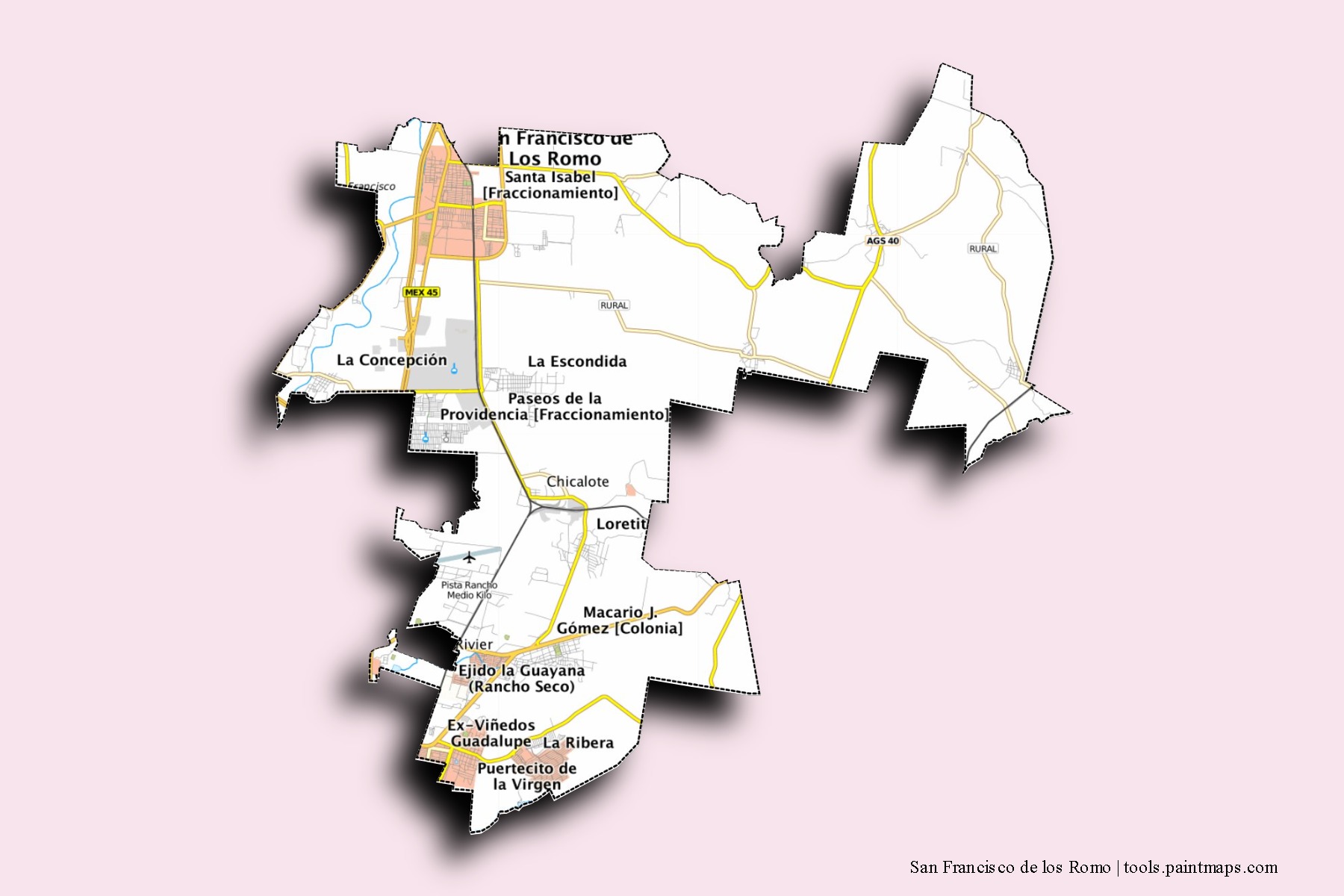 San Francisco de los Romo neighborhoods and villages map with 3D shadow effect