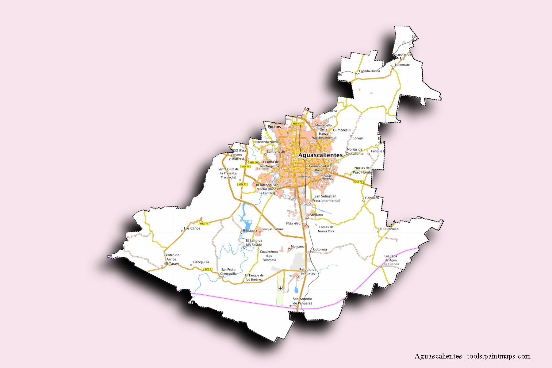 Mapa de barrios y pueblos de Aguascalientes con efecto de sombra 3D