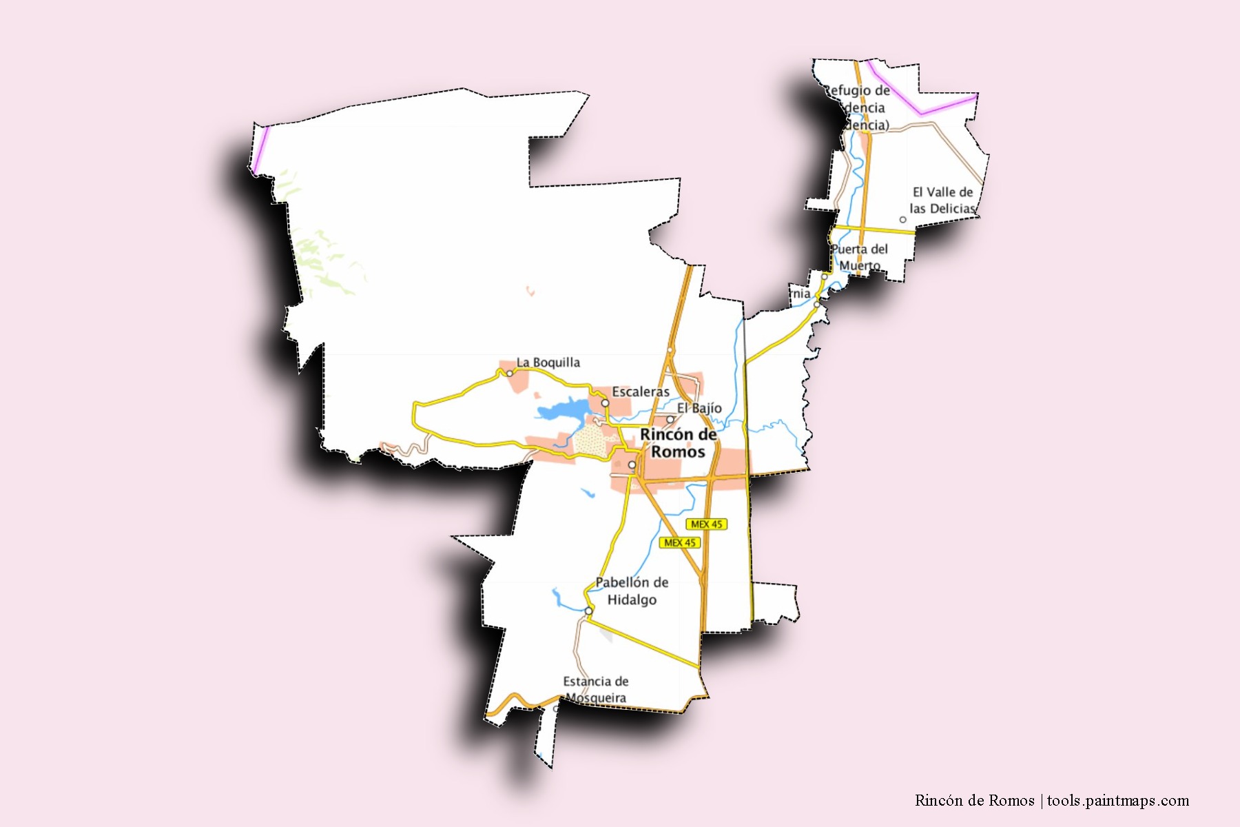 3D gölge efektli Rincón de Romos mahalleleri ve köyleri haritası