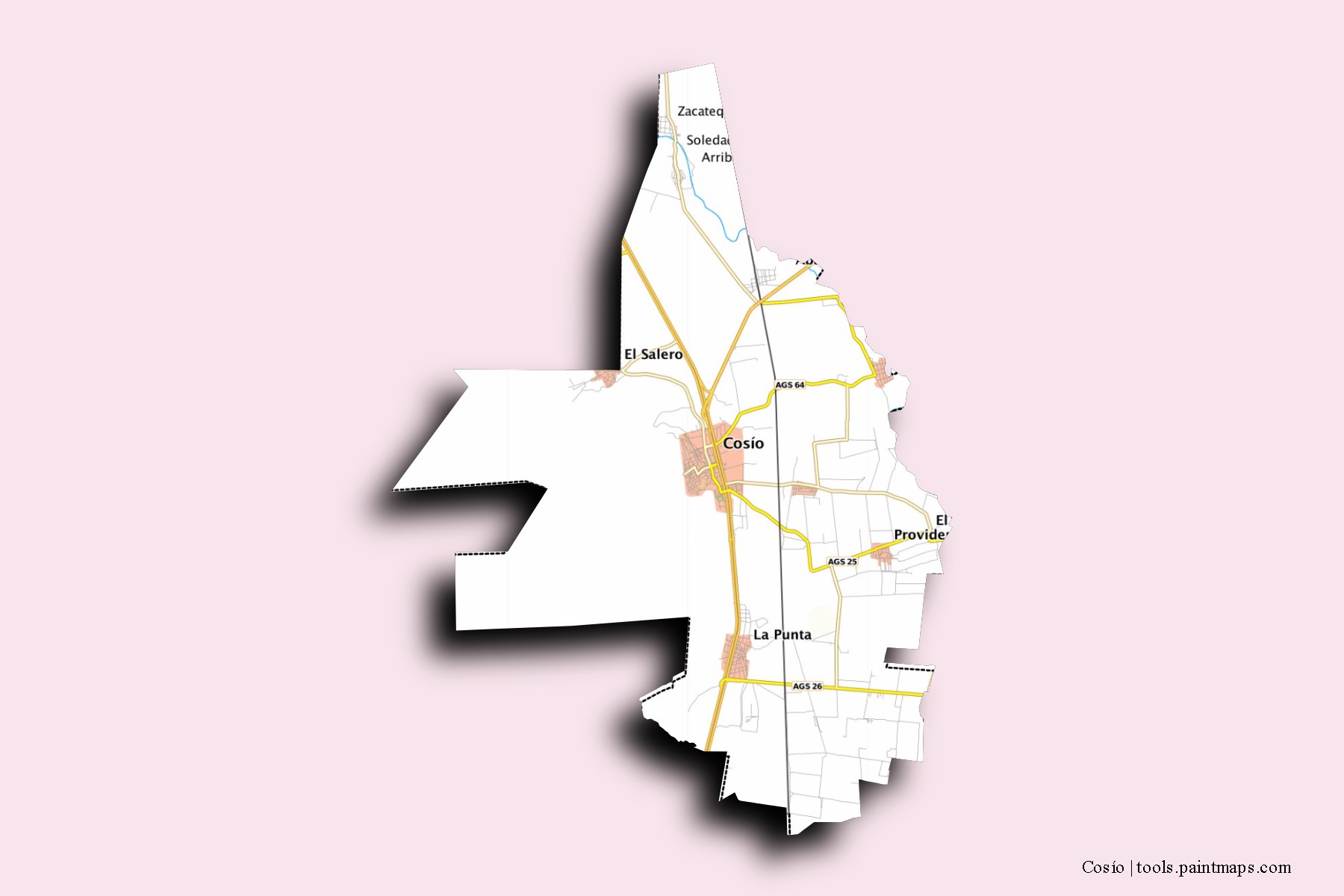 Mapa de barrios y pueblos de Cosío con efecto de sombra 3D