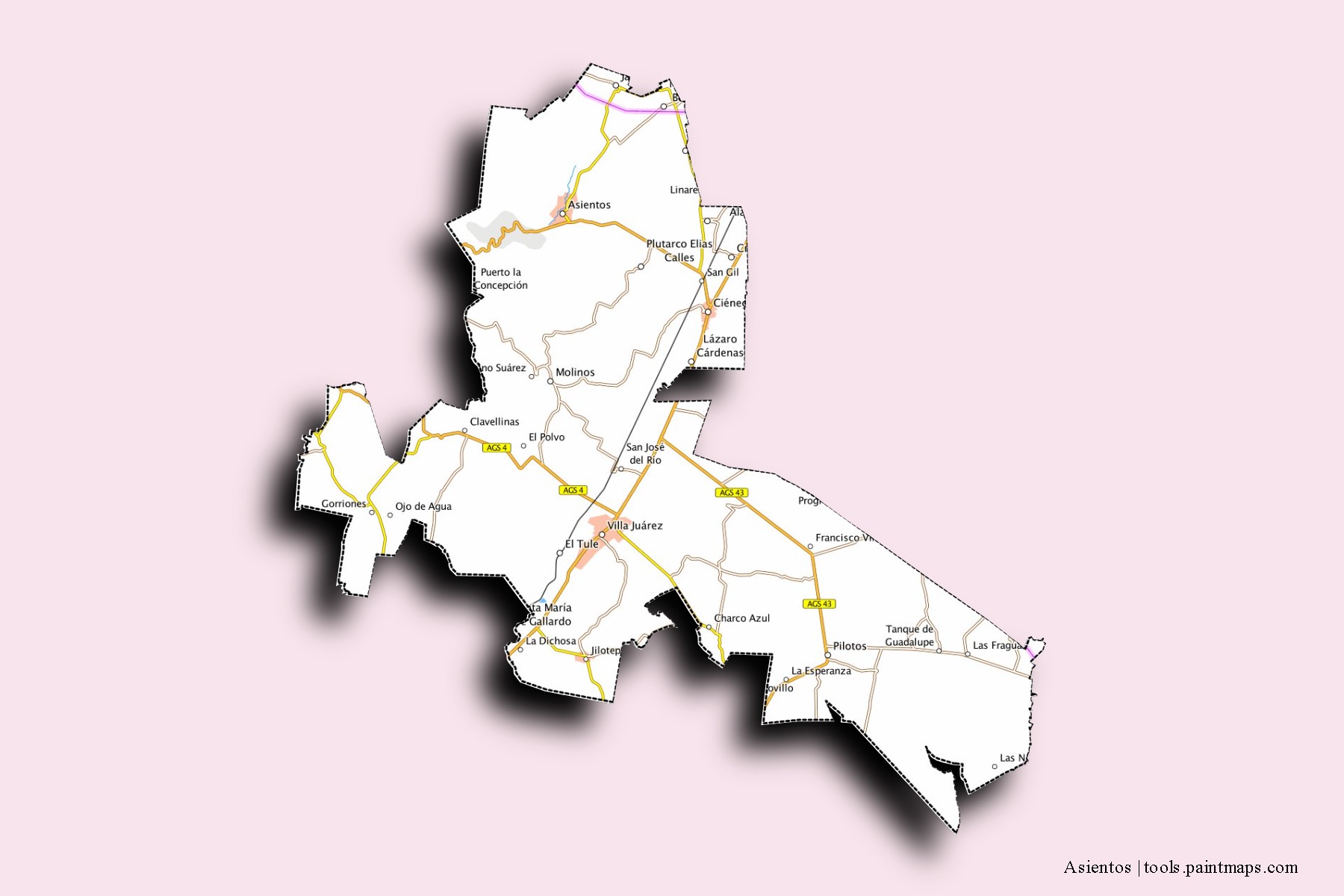 Asientos neighborhoods and villages map with 3D shadow effect