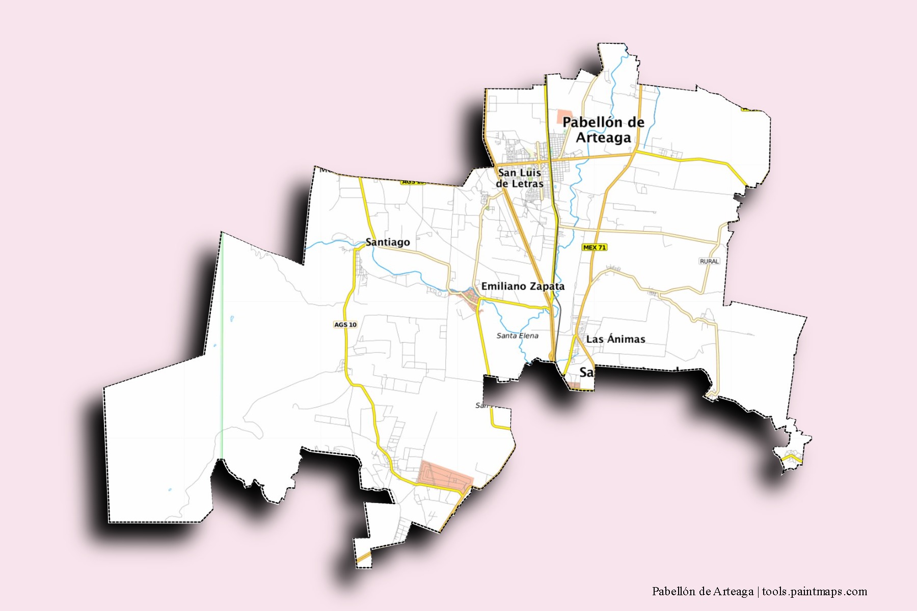 Pabellón de Arteaga neighborhoods and villages map with 3D shadow effect