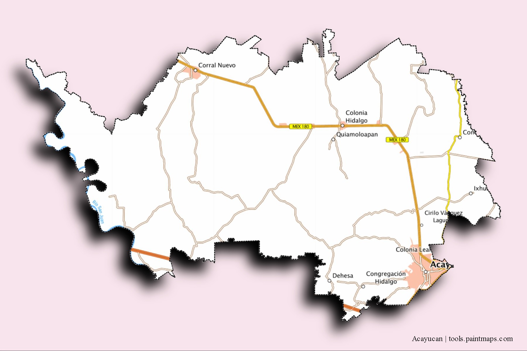 Acayucan neighborhoods and villages map with 3D shadow effect