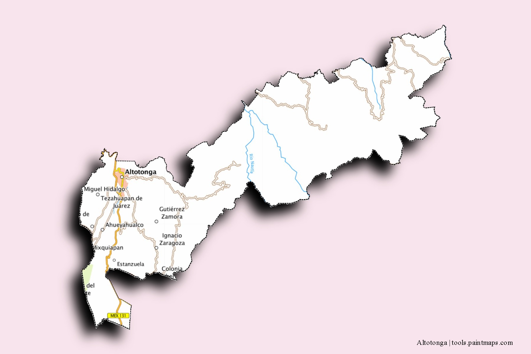 Mapa de barrios y pueblos de Altotonga con efecto de sombra 3D