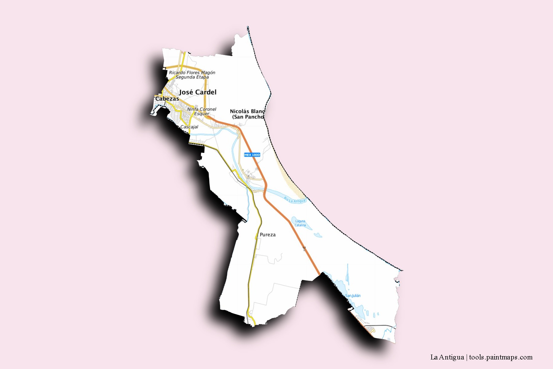 La Antigua neighborhoods and villages map with 3D shadow effect