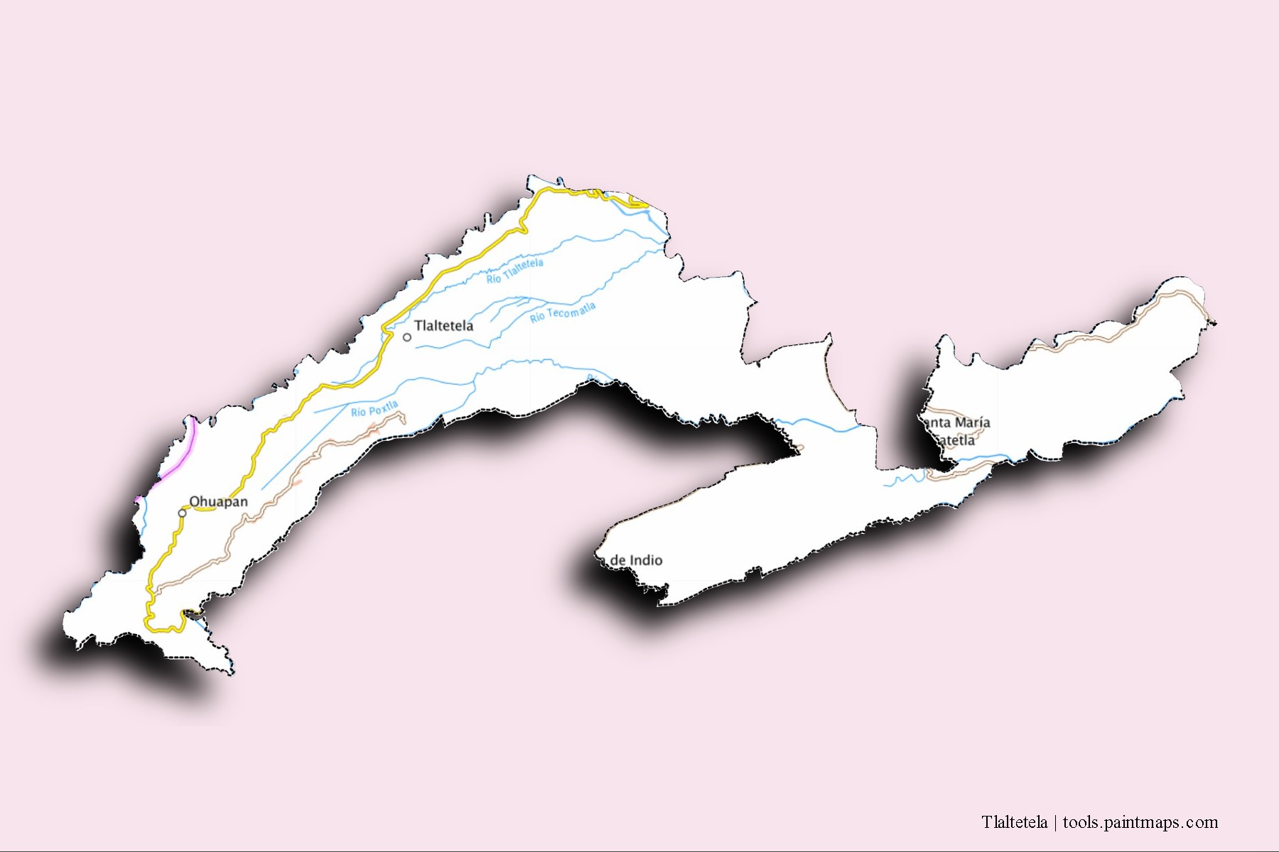 Mapa de barrios y pueblos de Tlaltetela con efecto de sombra 3D