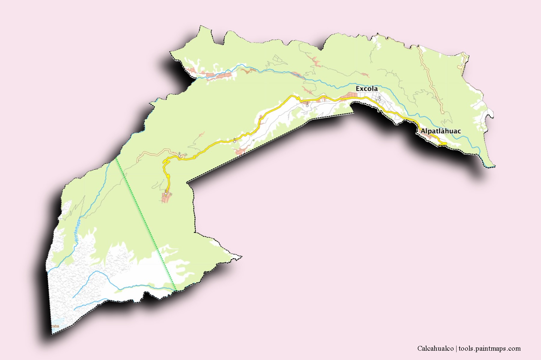 Calcahualco neighborhoods and villages map with 3D shadow effect