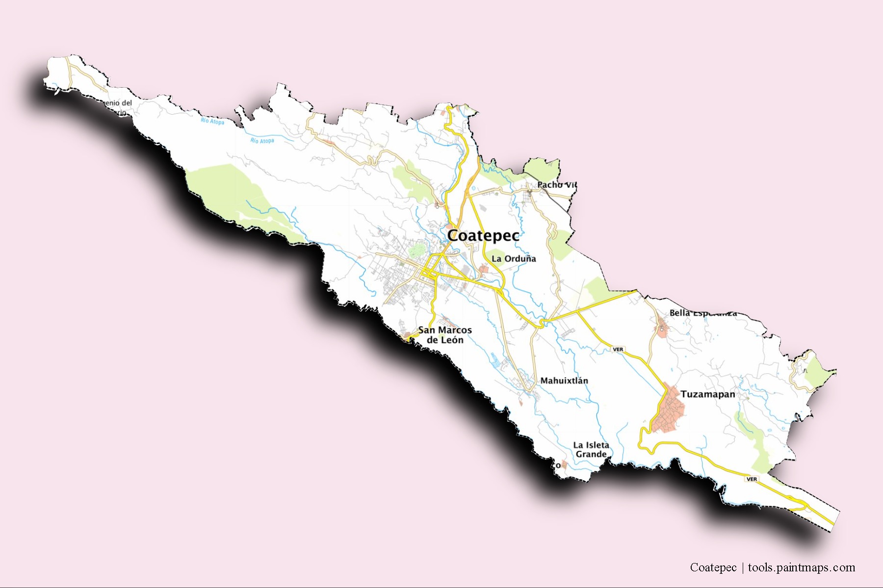 Mapa de barrios y pueblos de Coatepec con efecto de sombra 3D