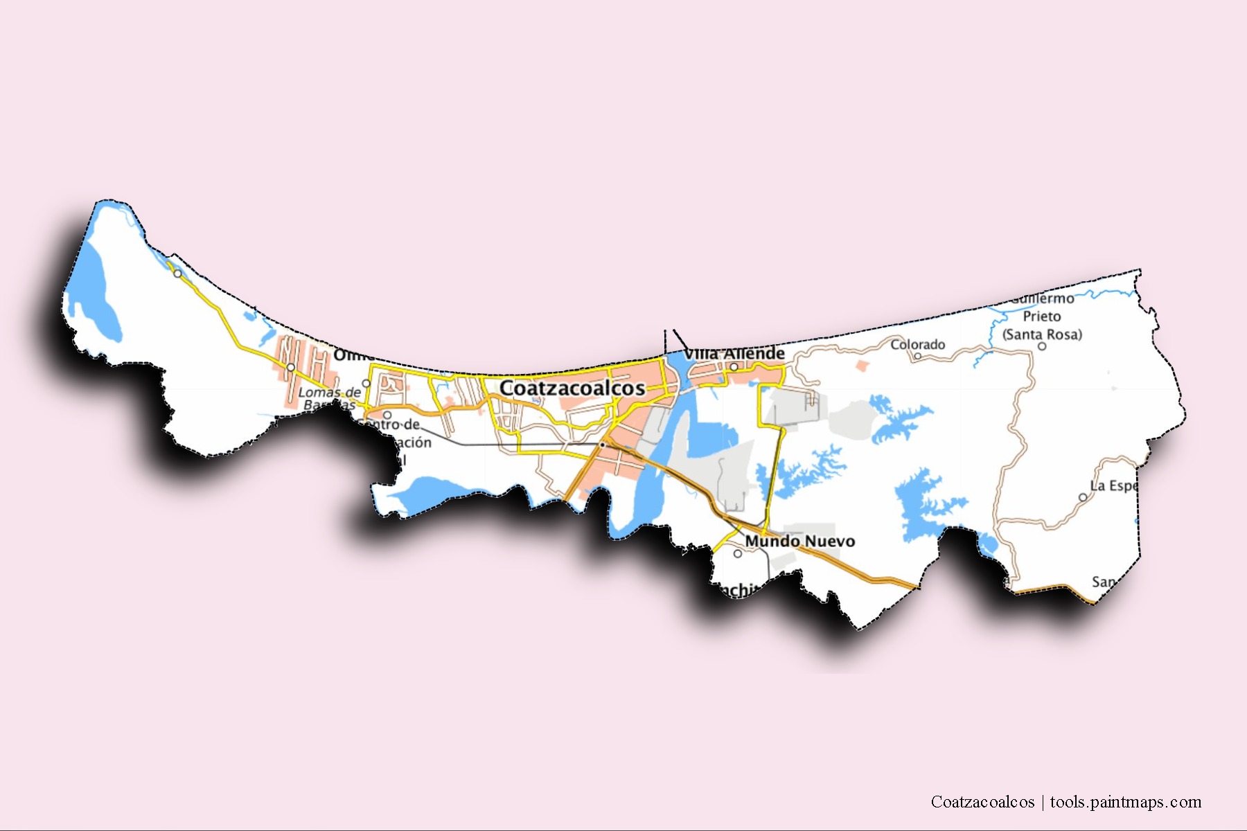 Mapa de barrios y pueblos de Coatzacoalcos con efecto de sombra 3D