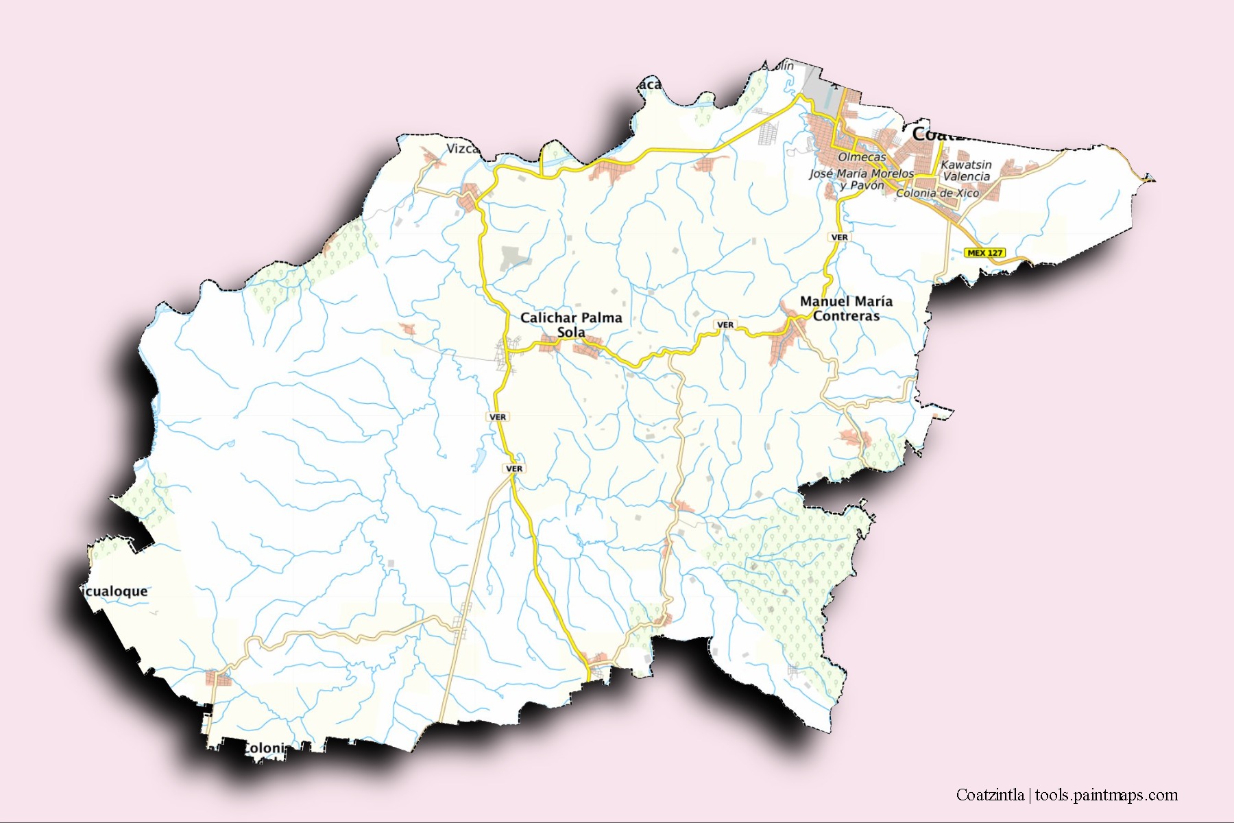 Mapa de barrios y pueblos de Coatzintla con efecto de sombra 3D