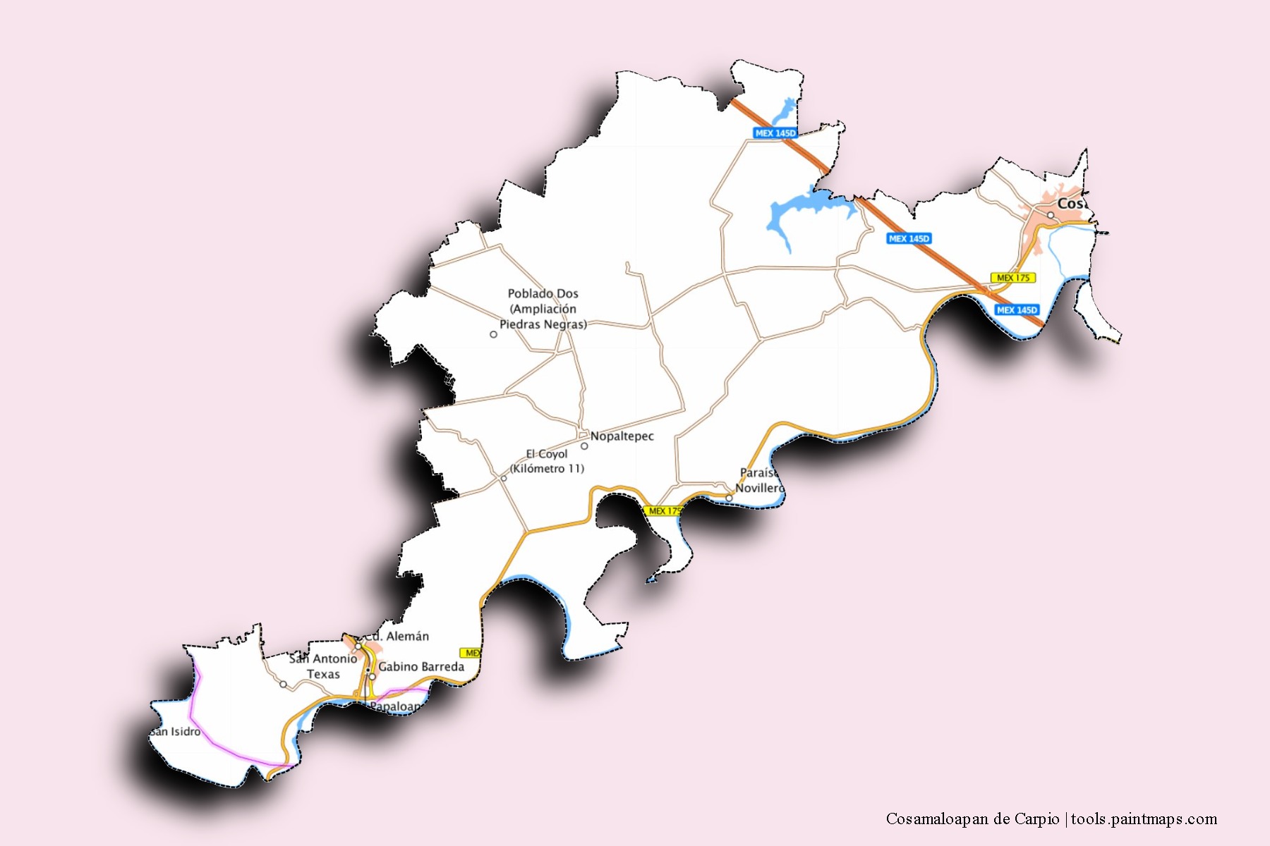 3D gölge efektli Cosamaloapan de Carpio mahalleleri ve köyleri haritası