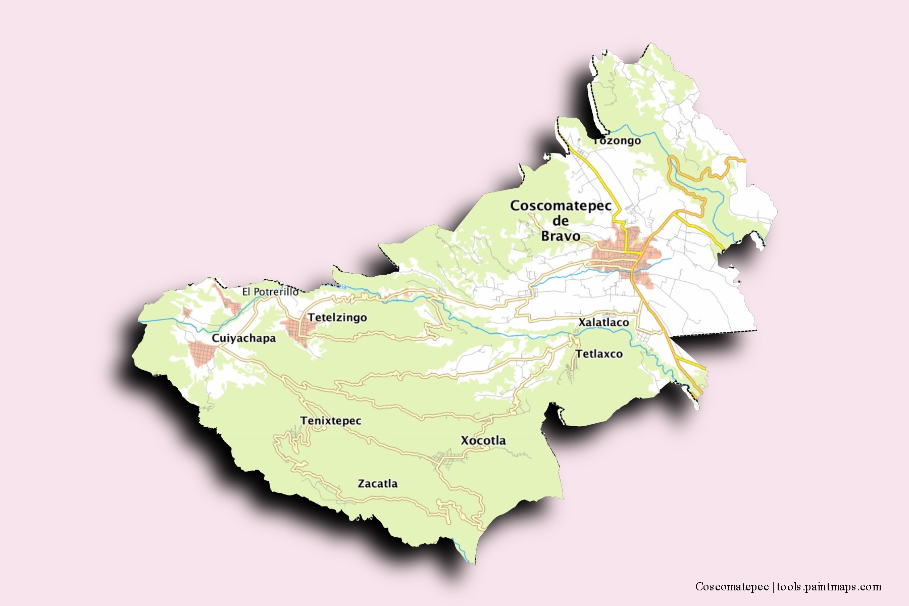 3D gölge efektli Coscomatepec mahalleleri ve köyleri haritası