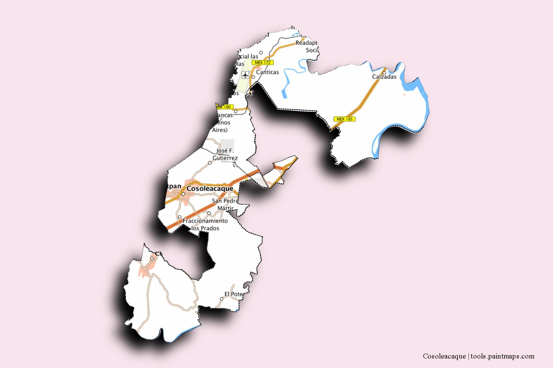 3D gölge efektli Cosoleacaque mahalleleri ve köyleri haritası