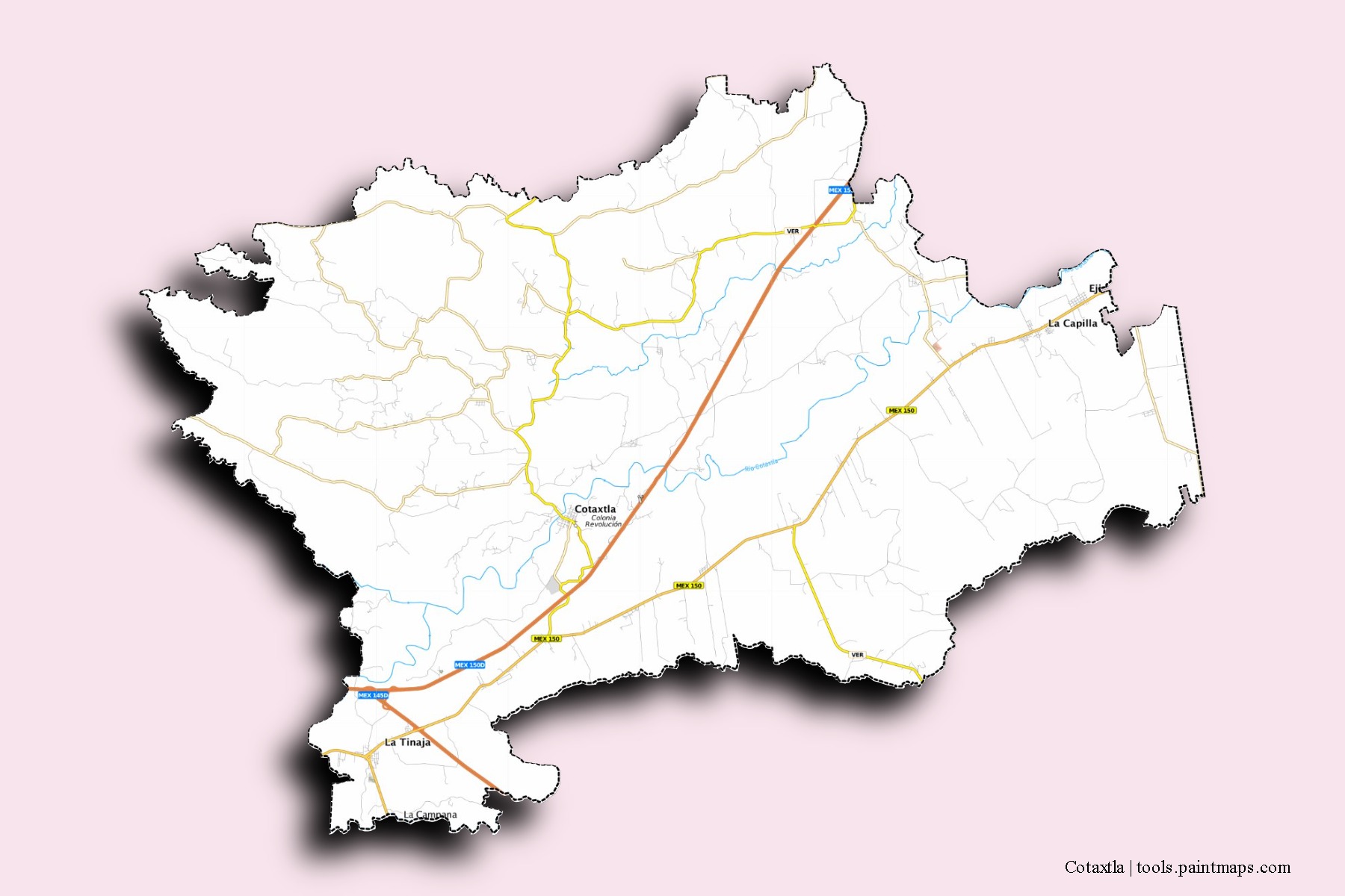 Mapa de barrios y pueblos de Cotaxtla con efecto de sombra 3D