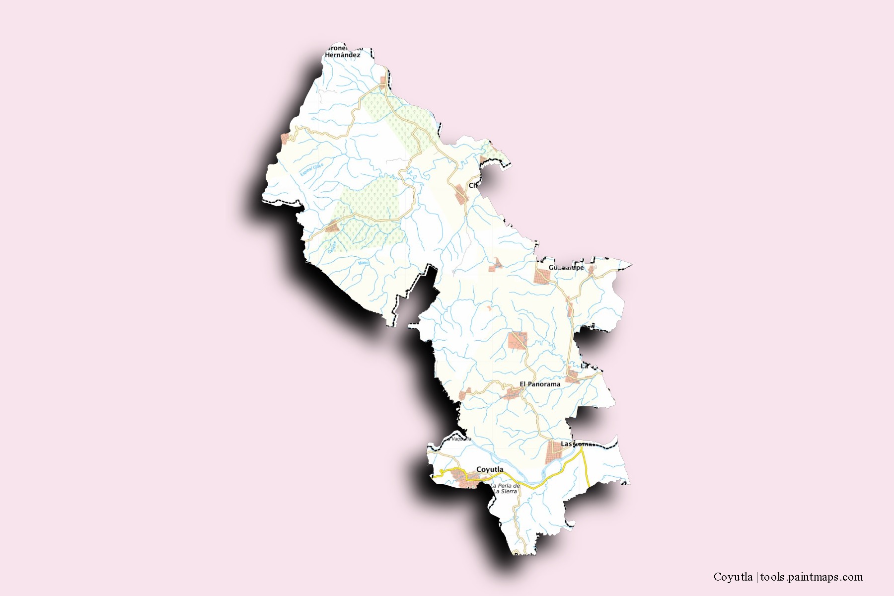 Coyutla neighborhoods and villages map with 3D shadow effect