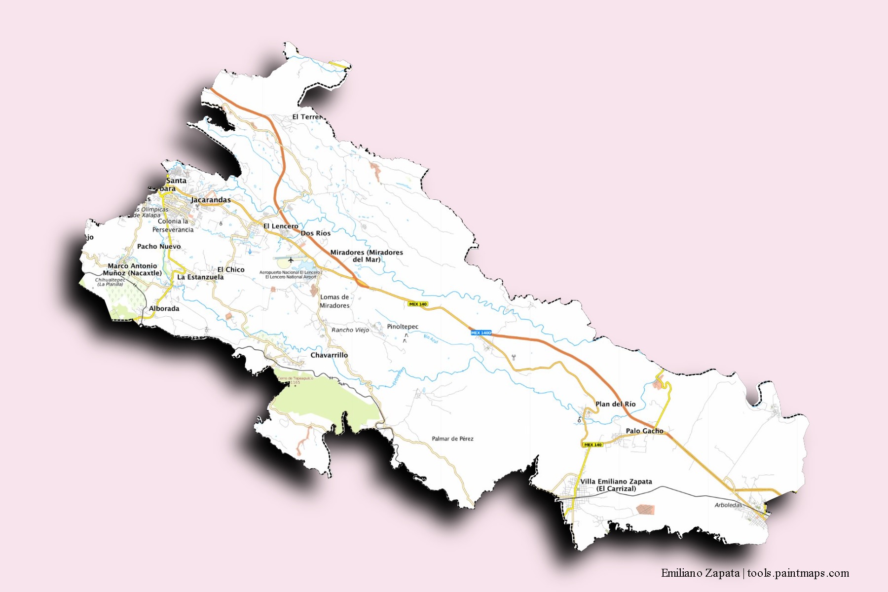 Emiliano Zapata neighborhoods and villages map with 3D shadow effect