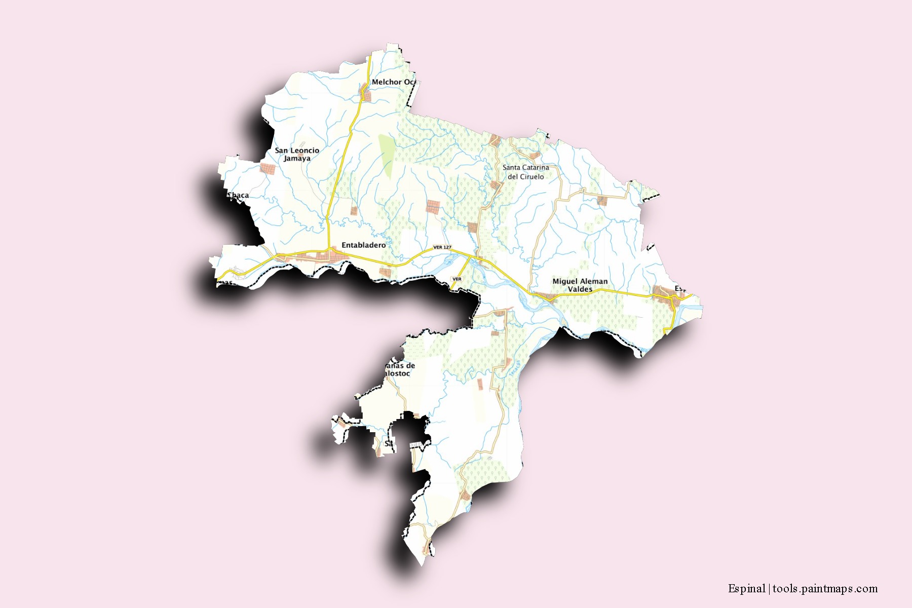 Espinal neighborhoods and villages map with 3D shadow effect