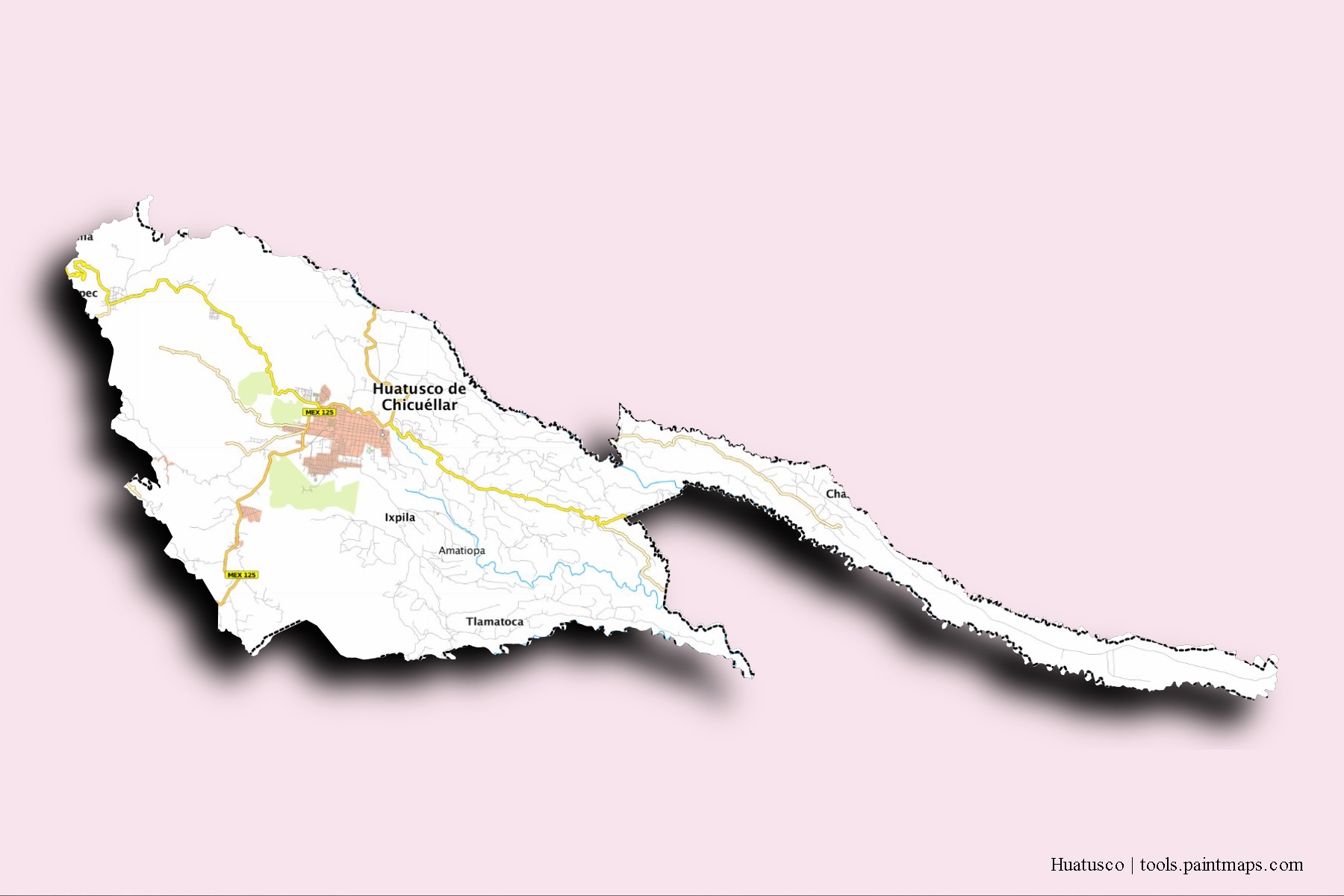 3D gölge efektli Huatusco mahalleleri ve köyleri haritası
