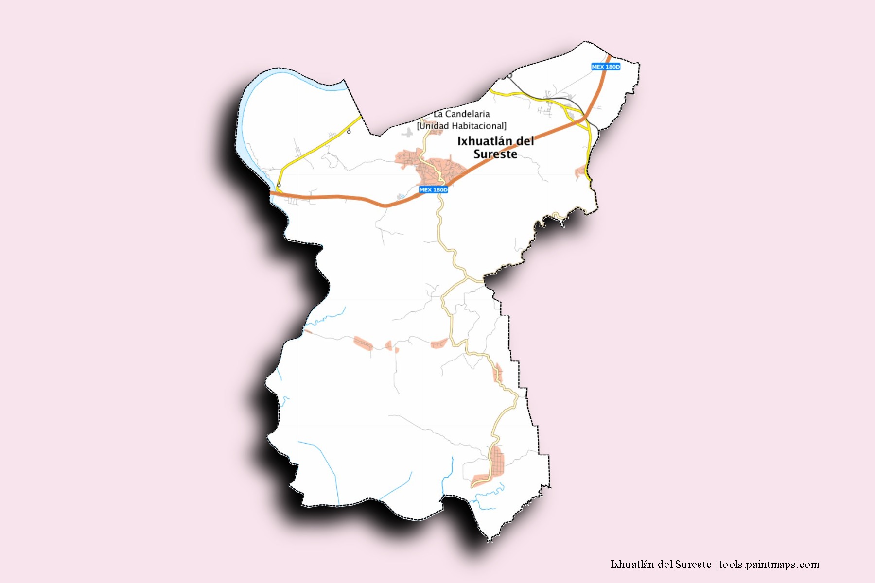 Mapa de barrios y pueblos de Ixhuatlán del Sureste con efecto de sombra 3D