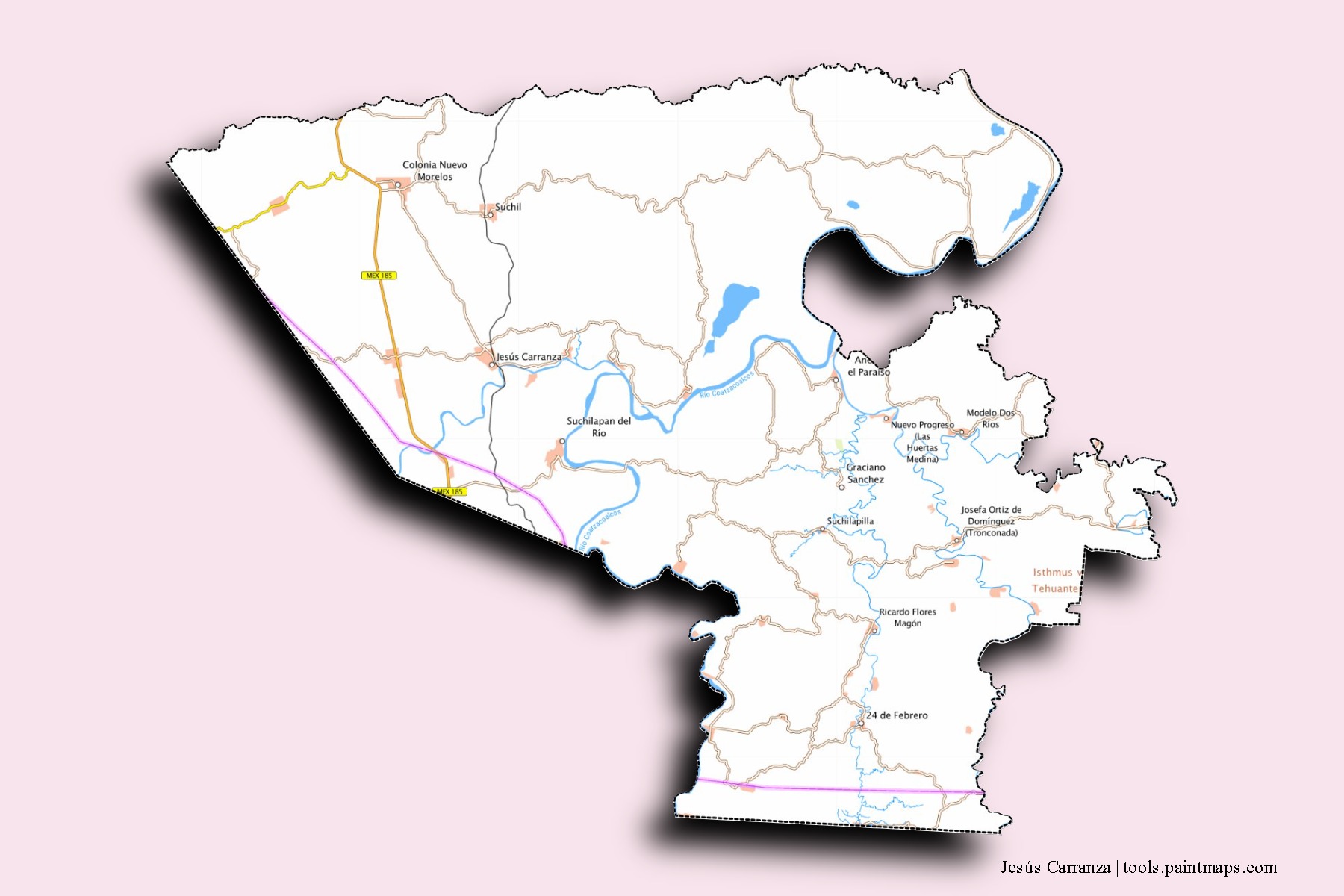 Jesús Carranza neighborhoods and villages map with 3D shadow effect