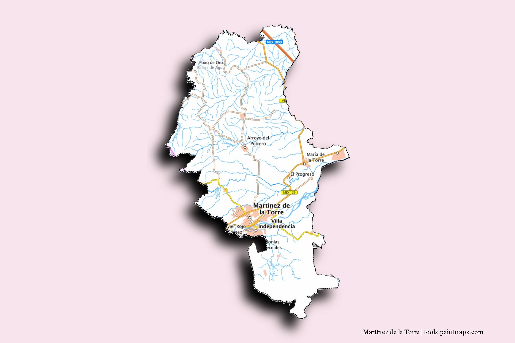 Martínez de la Torre neighborhoods and villages map with 3D shadow effect