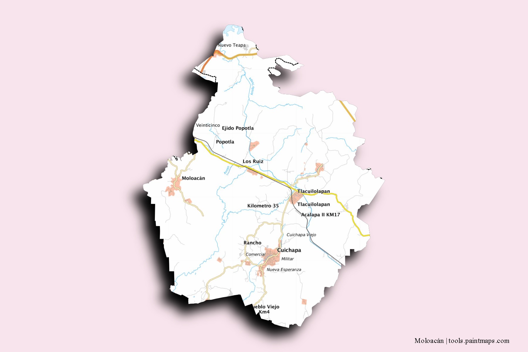 Mapa de barrios y pueblos de Moloacán con efecto de sombra 3D