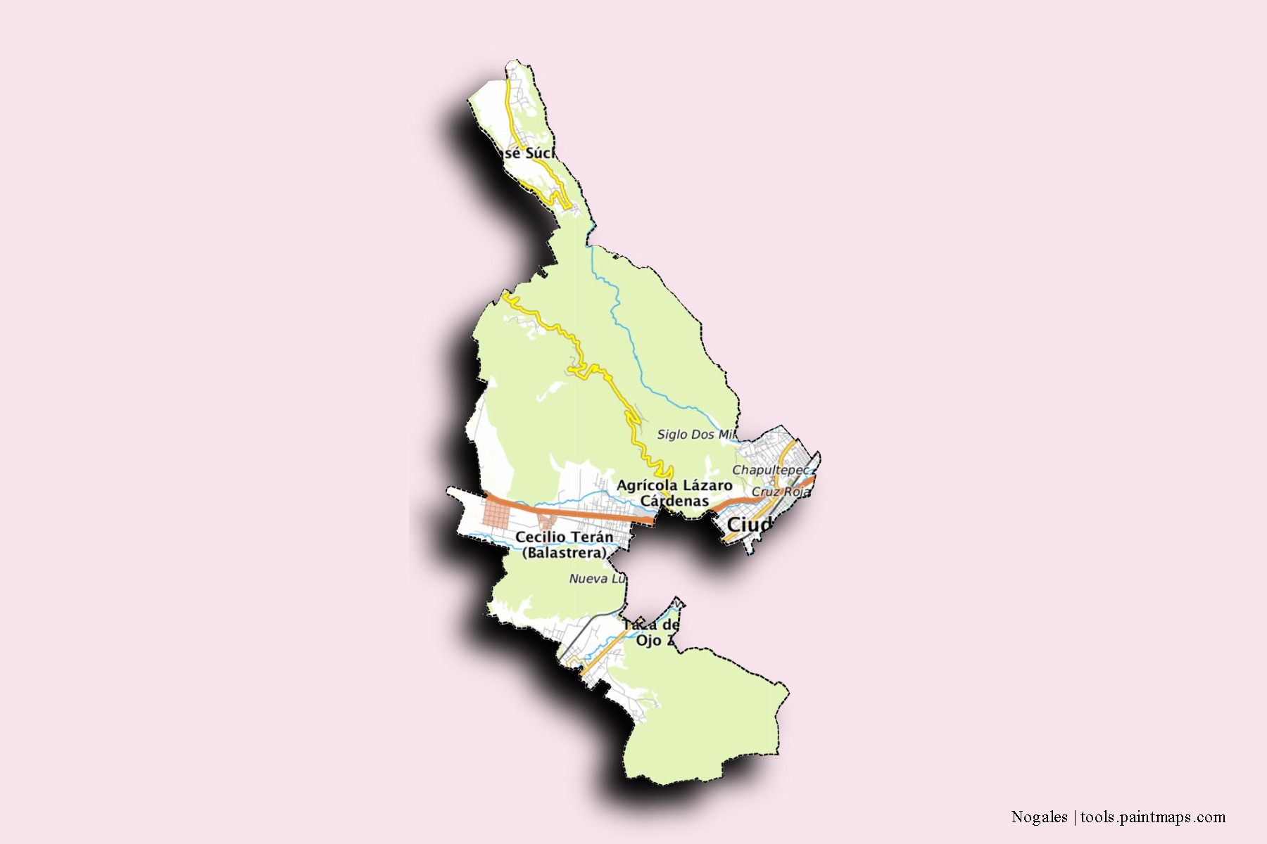 Mapa de barrios y pueblos de Nogales con efecto de sombra 3D