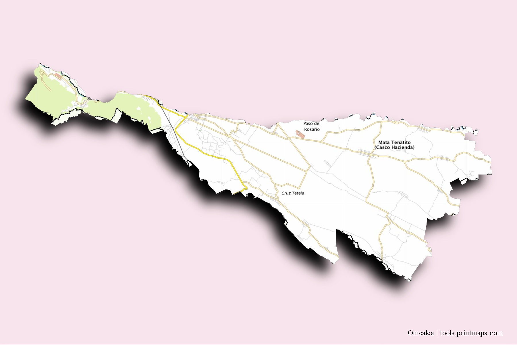 Mapa de barrios y pueblos de Omealca con efecto de sombra 3D