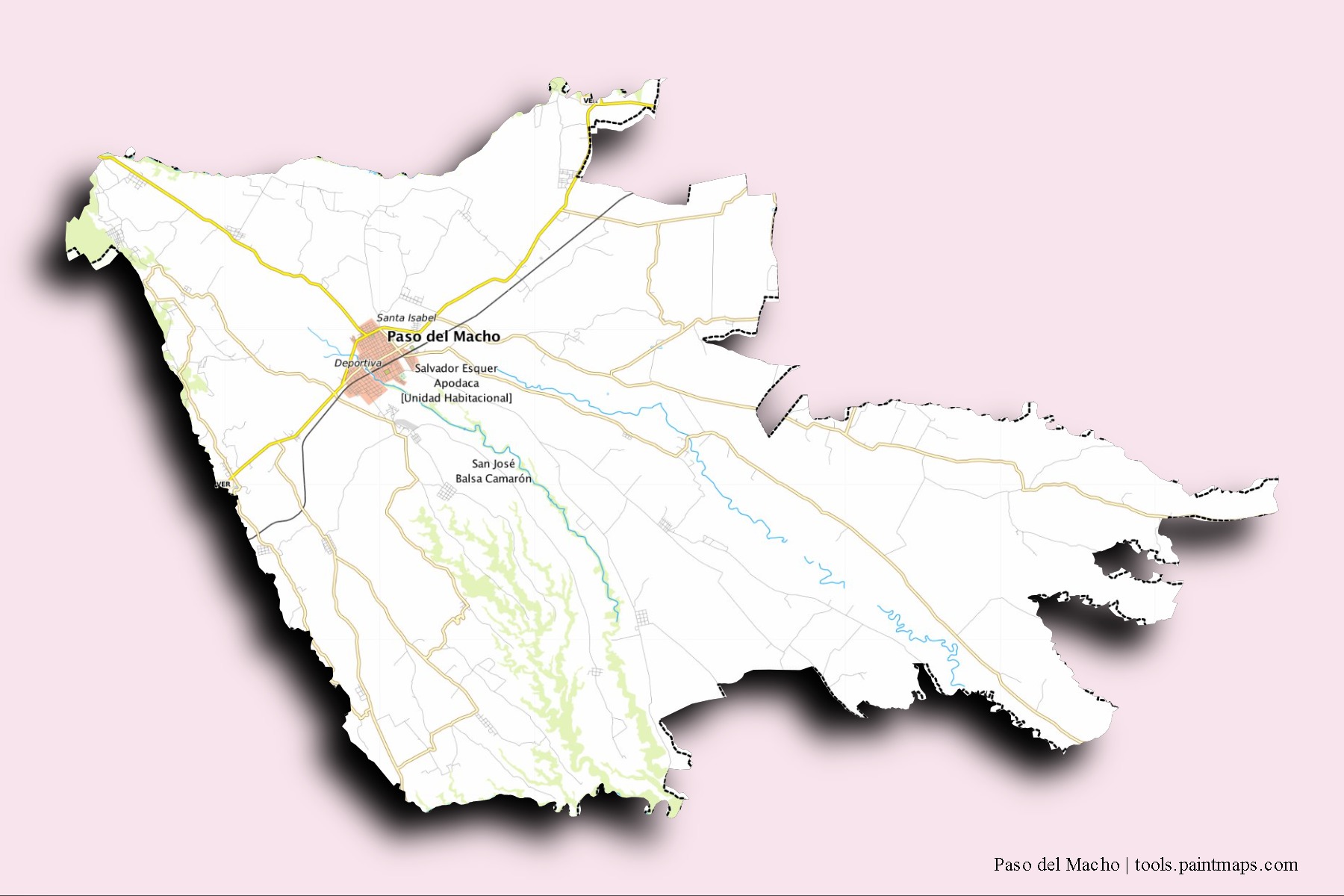 Paso del Macho neighborhoods and villages map with 3D shadow effect