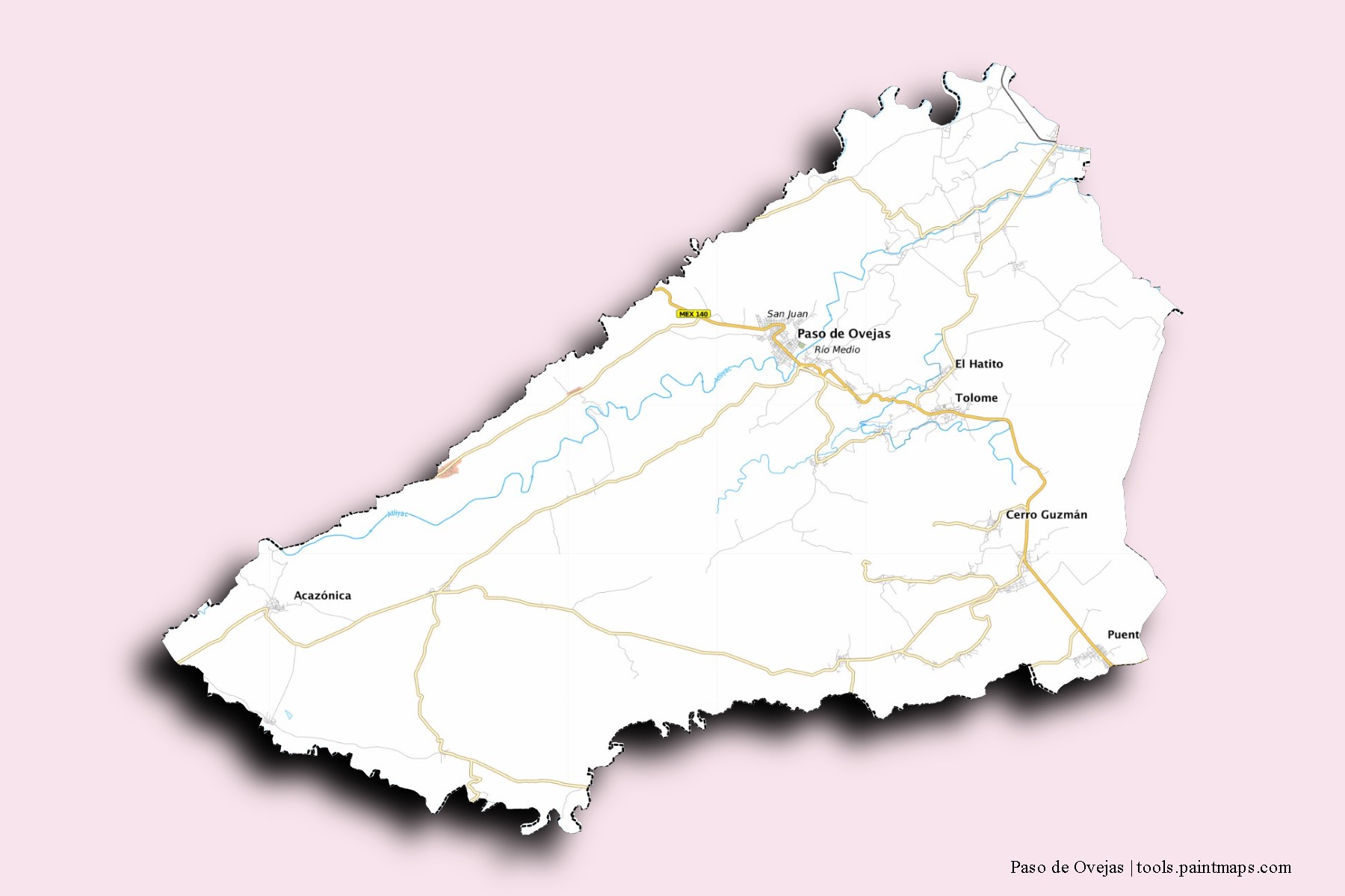 Mapa de barrios y pueblos de Paso de Ovejas con efecto de sombra 3D