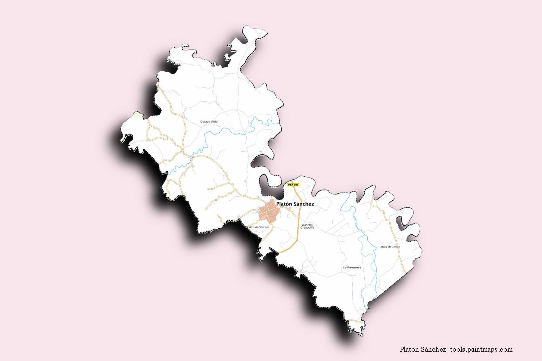 Mapa de barrios y pueblos de Platón Sánchez con efecto de sombra 3D