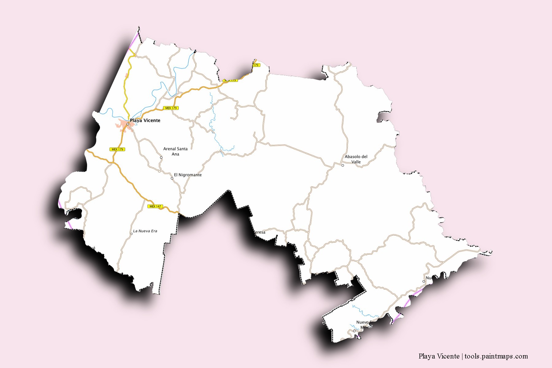 Mapa de barrios y pueblos de Playa Vicente con efecto de sombra 3D