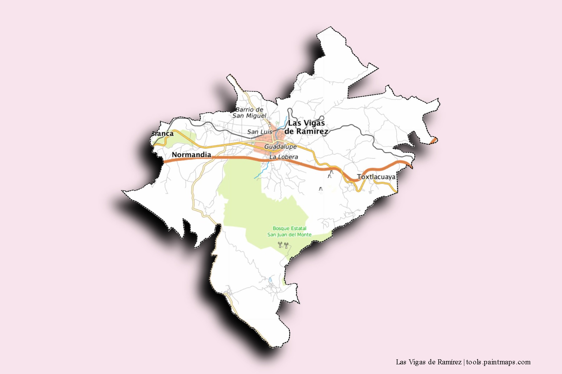 Las Vigas de Ramírez neighborhoods and villages map with 3D shadow effect