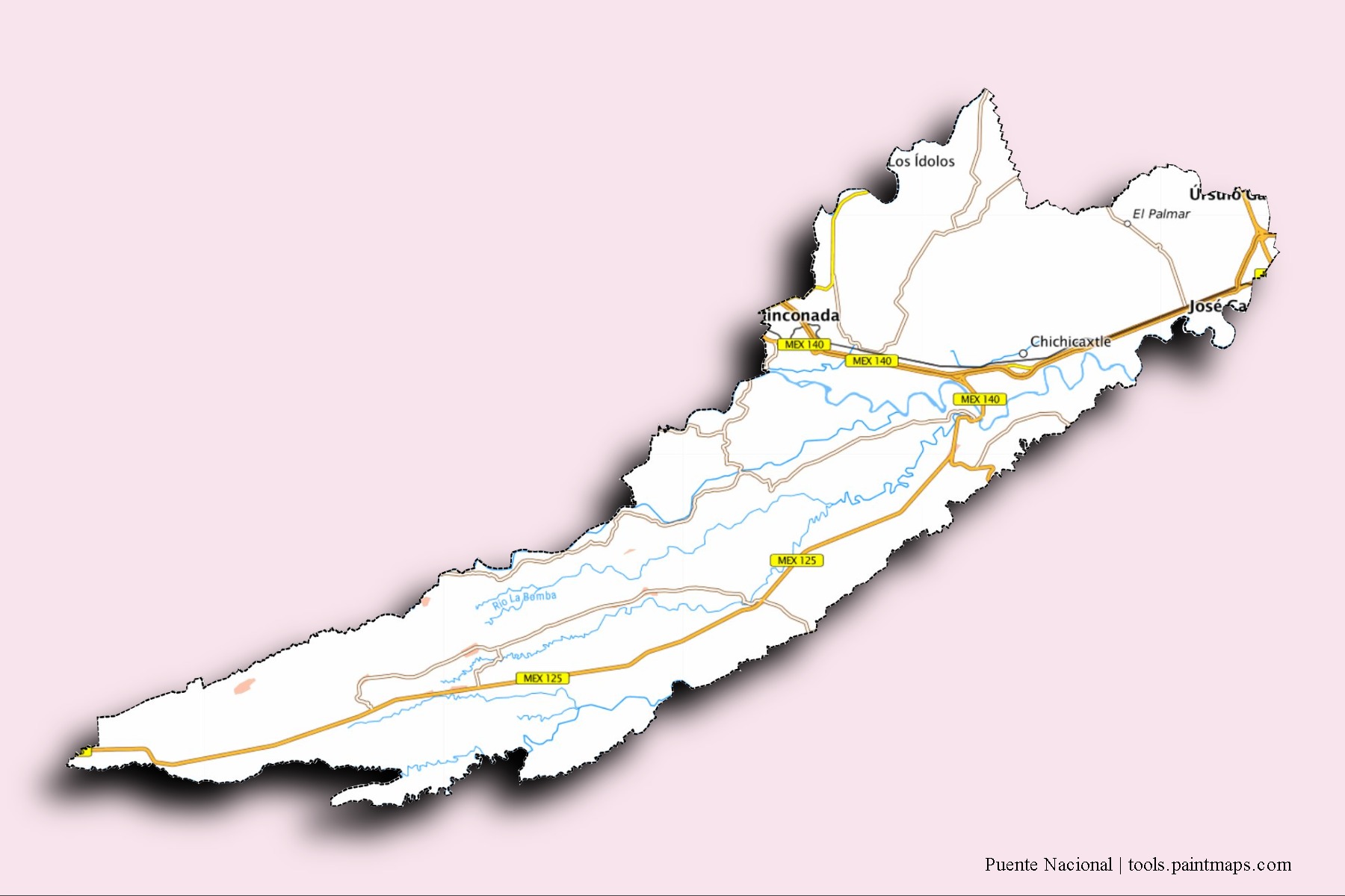 Mapa de barrios y pueblos de Puente Nacional con efecto de sombra 3D