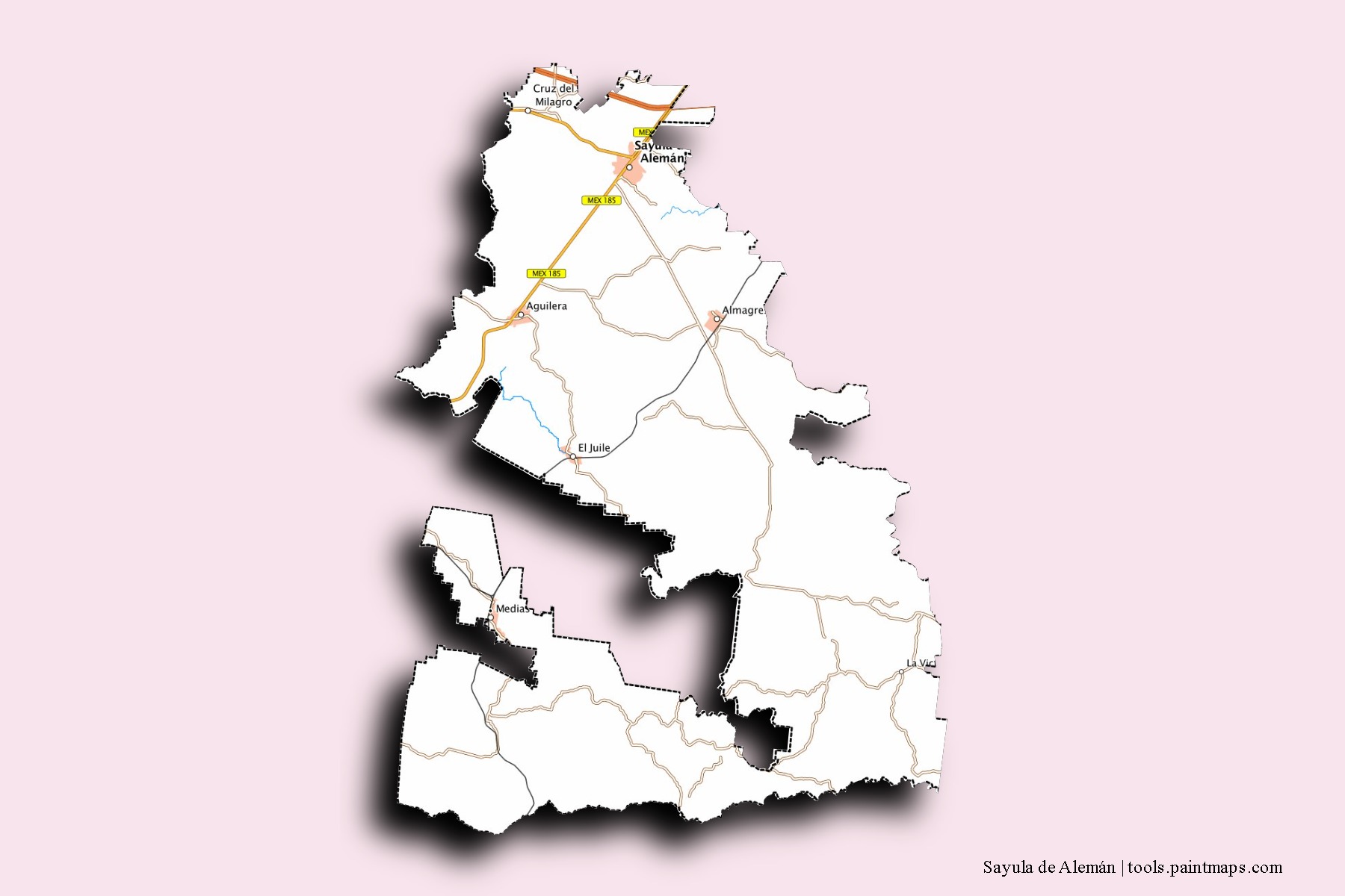 Mapa de barrios y pueblos de Sayula de Alemán con efecto de sombra 3D