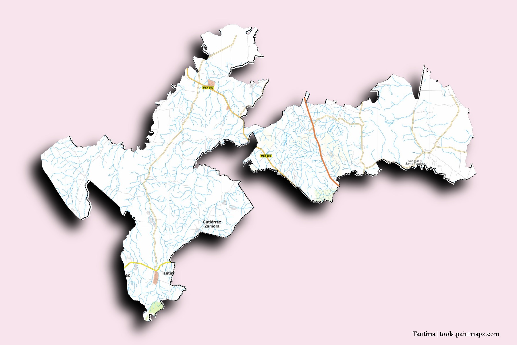 Tantima neighborhoods and villages map with 3D shadow effect