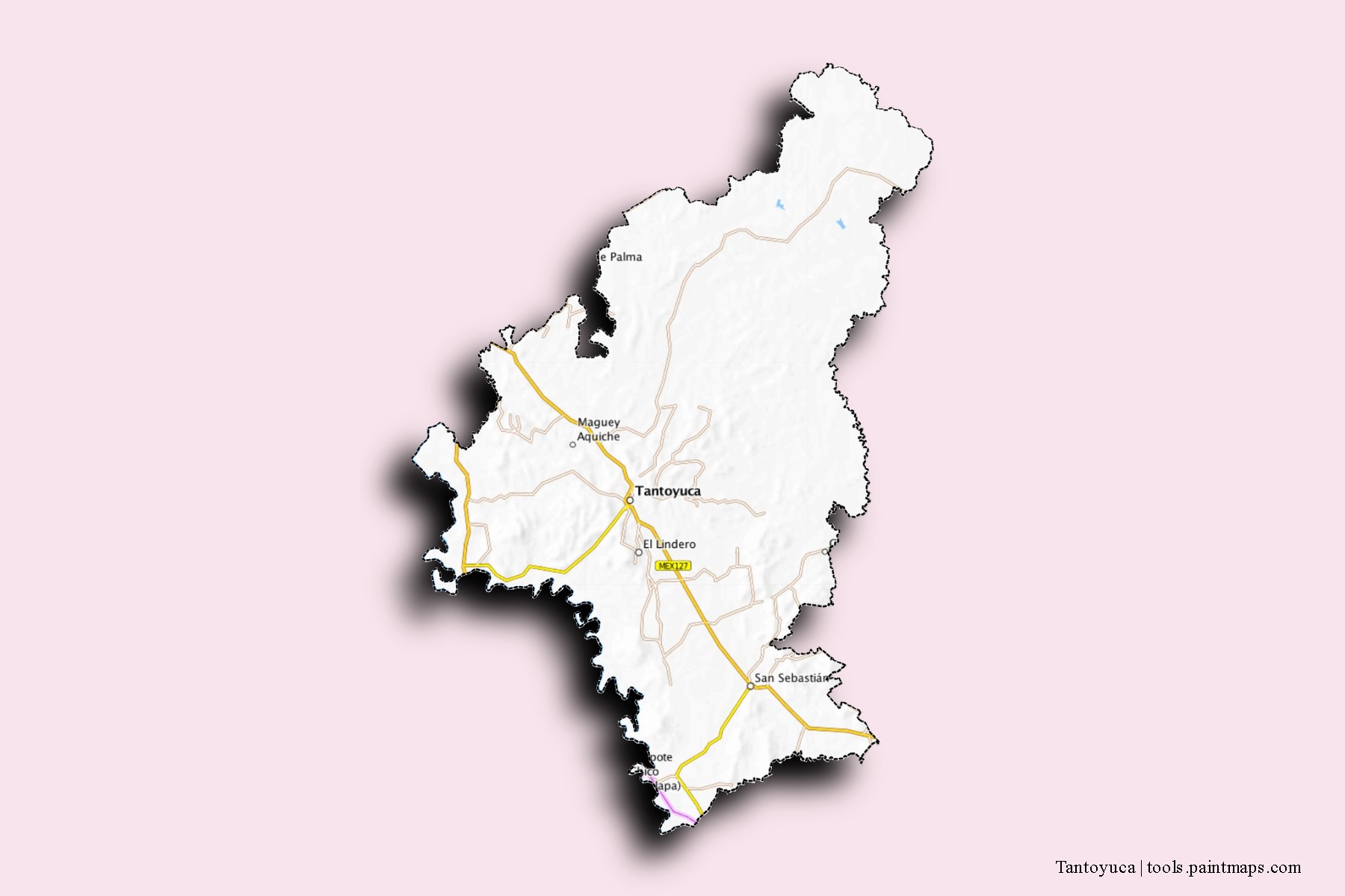 Mapa de barrios y pueblos de Tantoyuca con efecto de sombra 3D