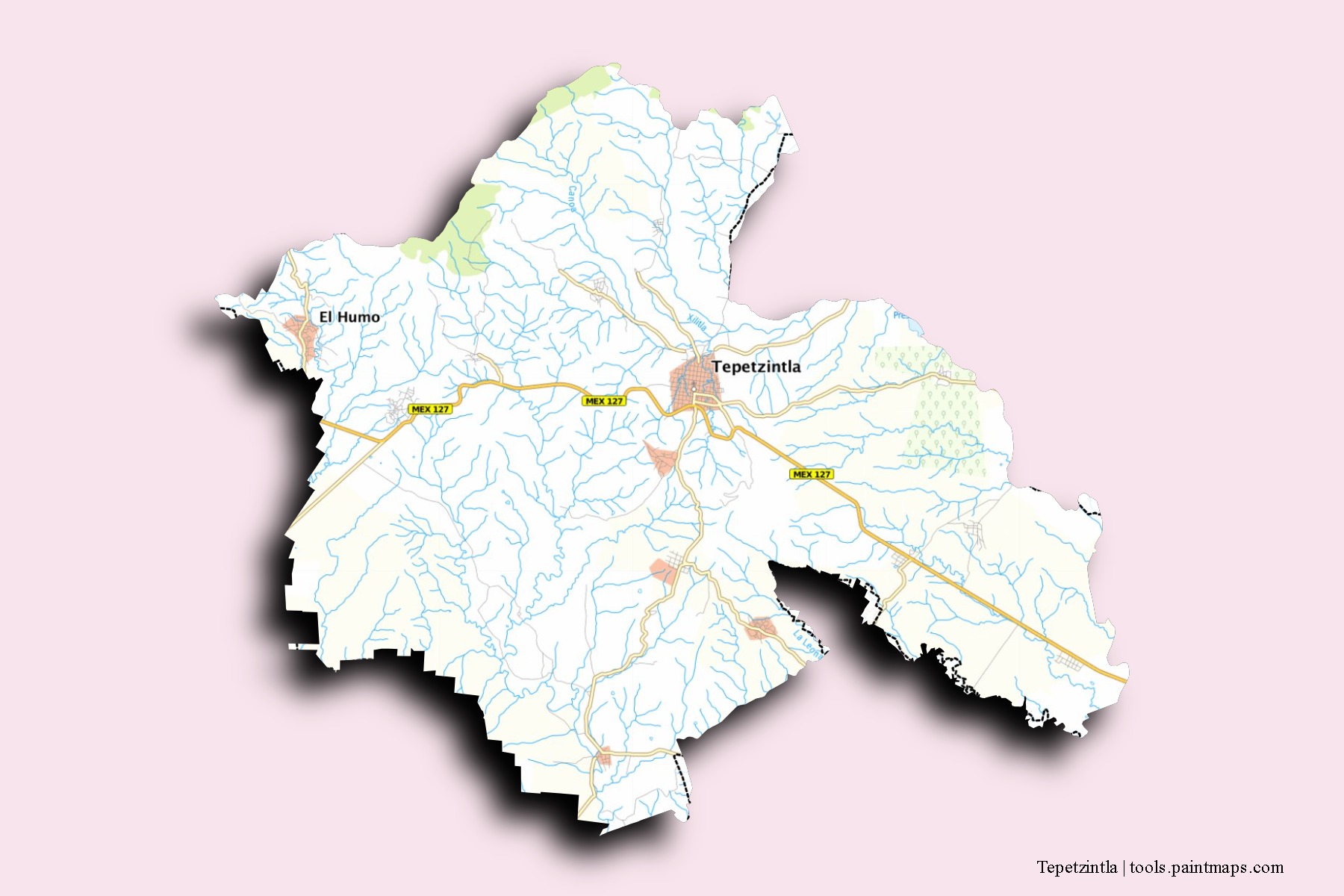 Tepetzintla neighborhoods and villages map with 3D shadow effect