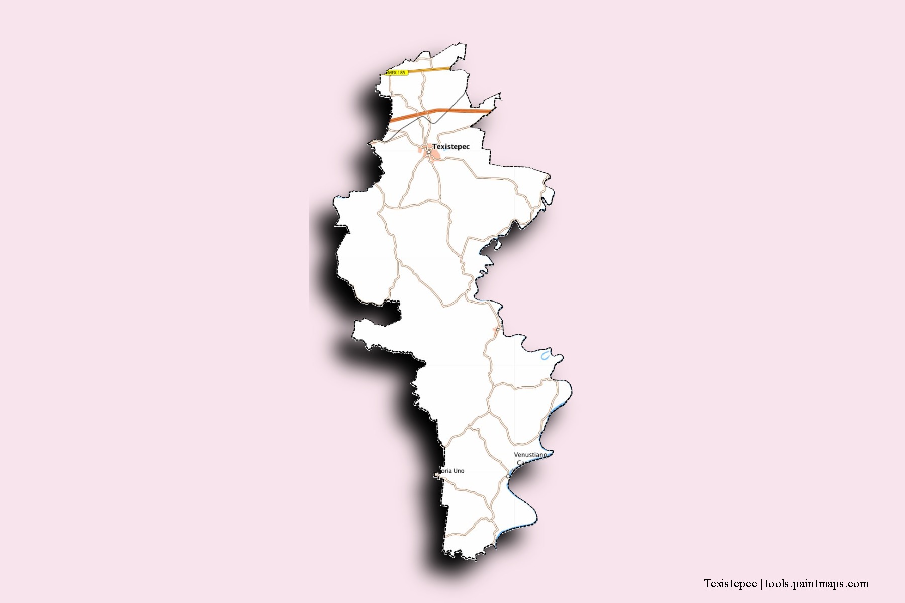 Texistepec neighborhoods and villages map with 3D shadow effect