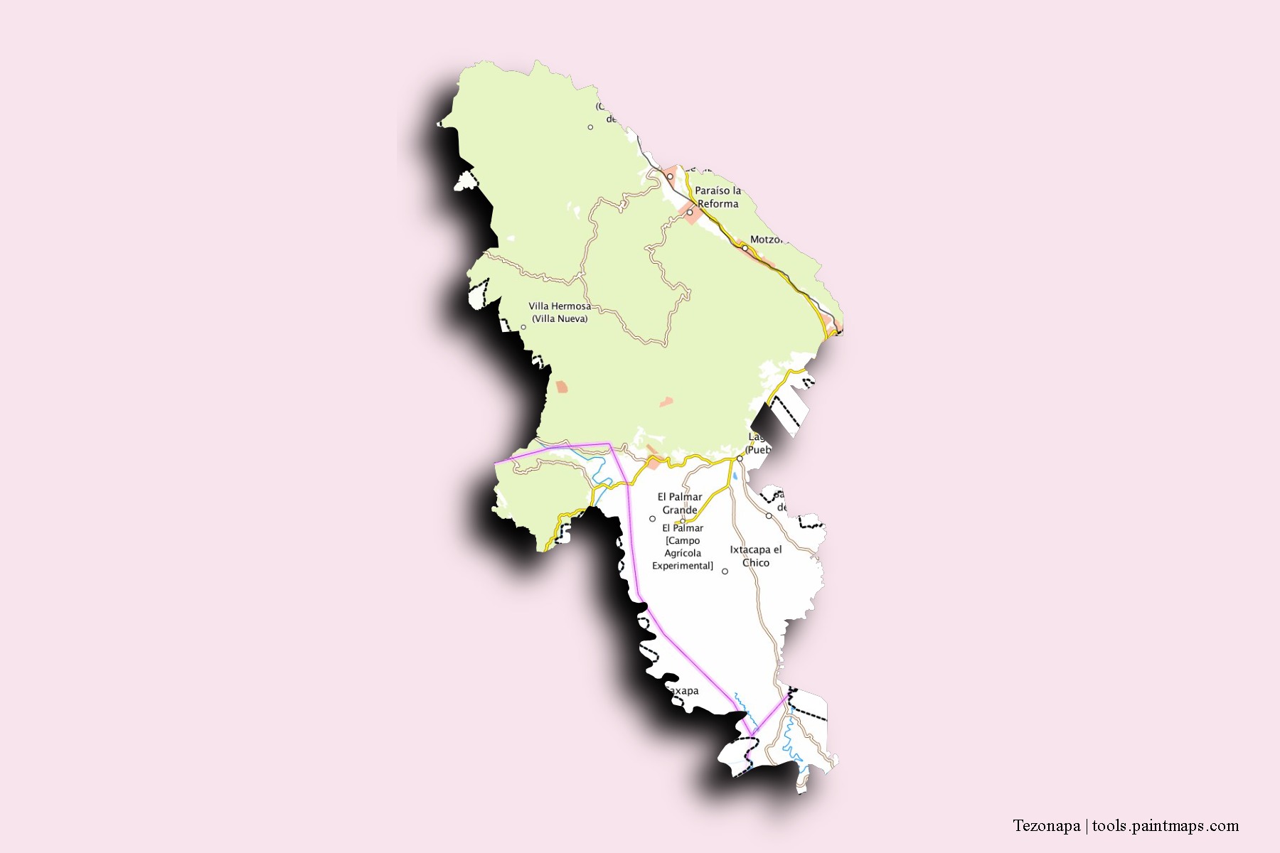 Mapa de barrios y pueblos de Tezonapa con efecto de sombra 3D