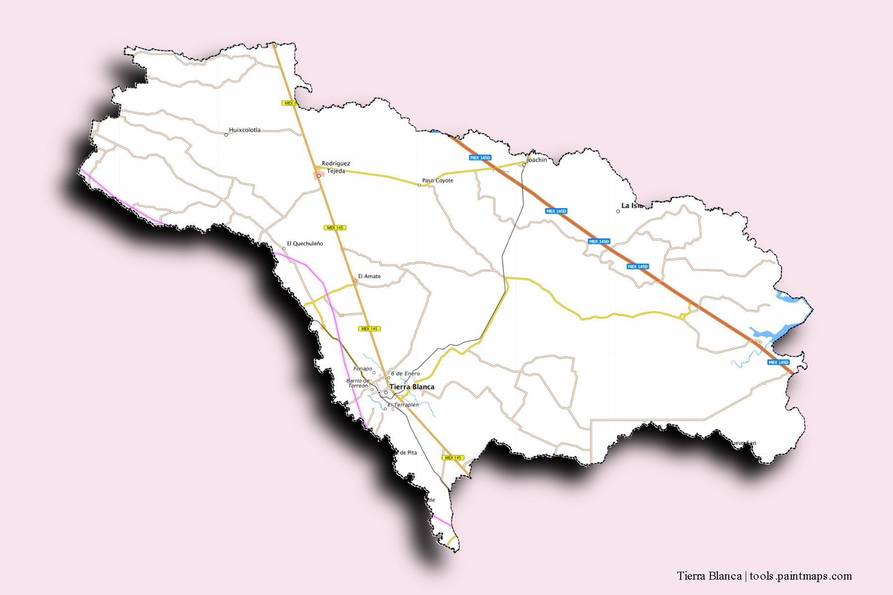 Tierra Blanca neighborhoods and villages map with 3D shadow effect