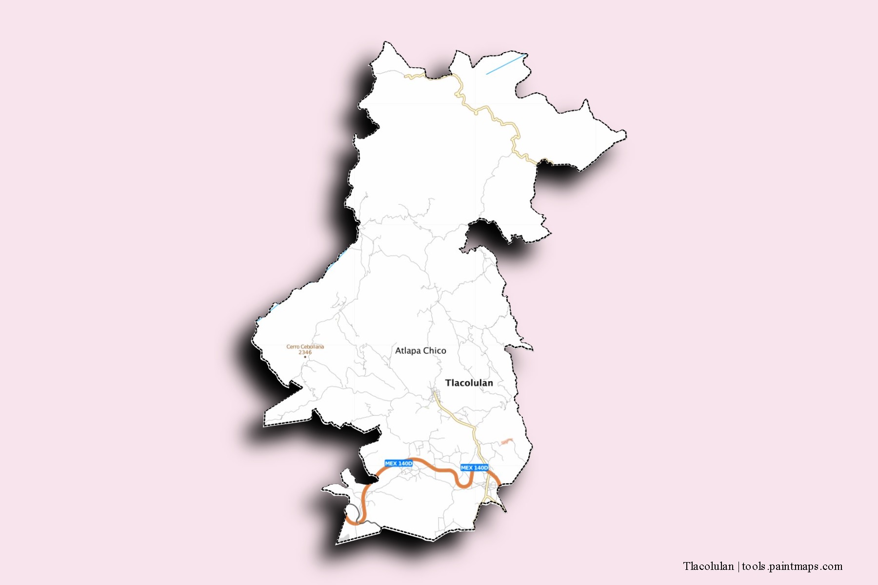 Mapa de barrios y pueblos de Tlacolulan con efecto de sombra 3D