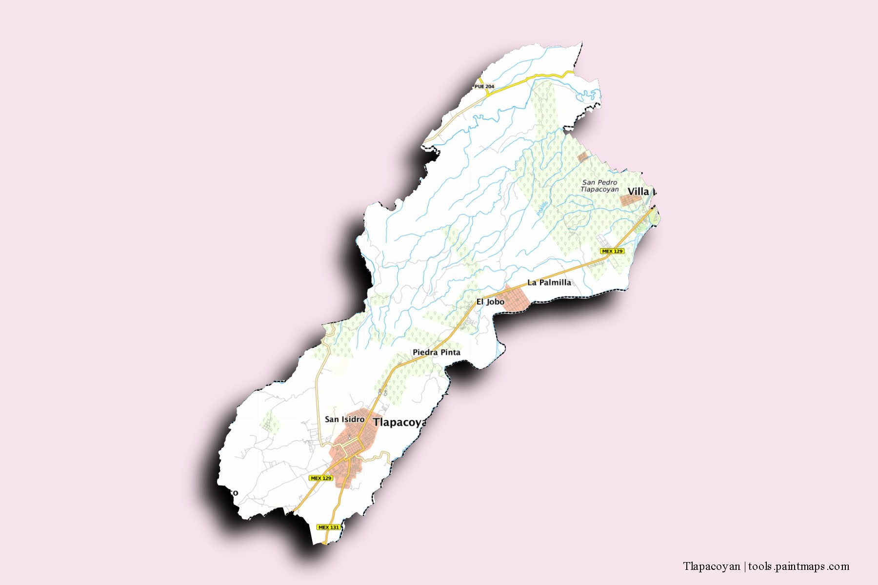 Mapa de barrios y pueblos de Tlapacoyan con efecto de sombra 3D