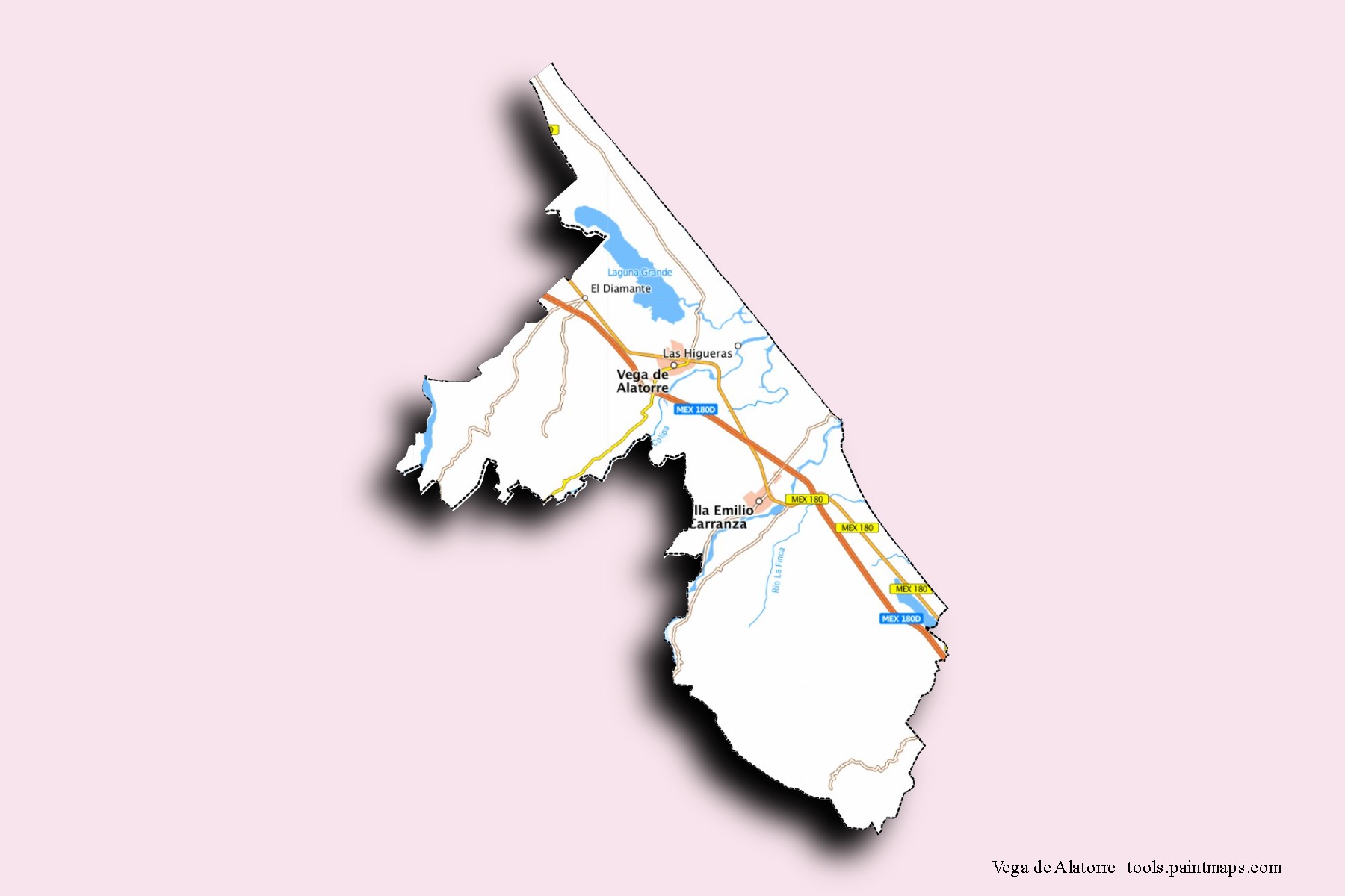 Mapa de barrios y pueblos de Vega de Alatorre con efecto de sombra 3D