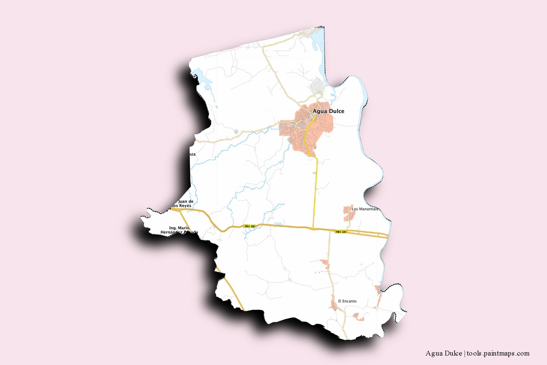 Agua Dulce neighborhoods and villages map with 3D shadow effect