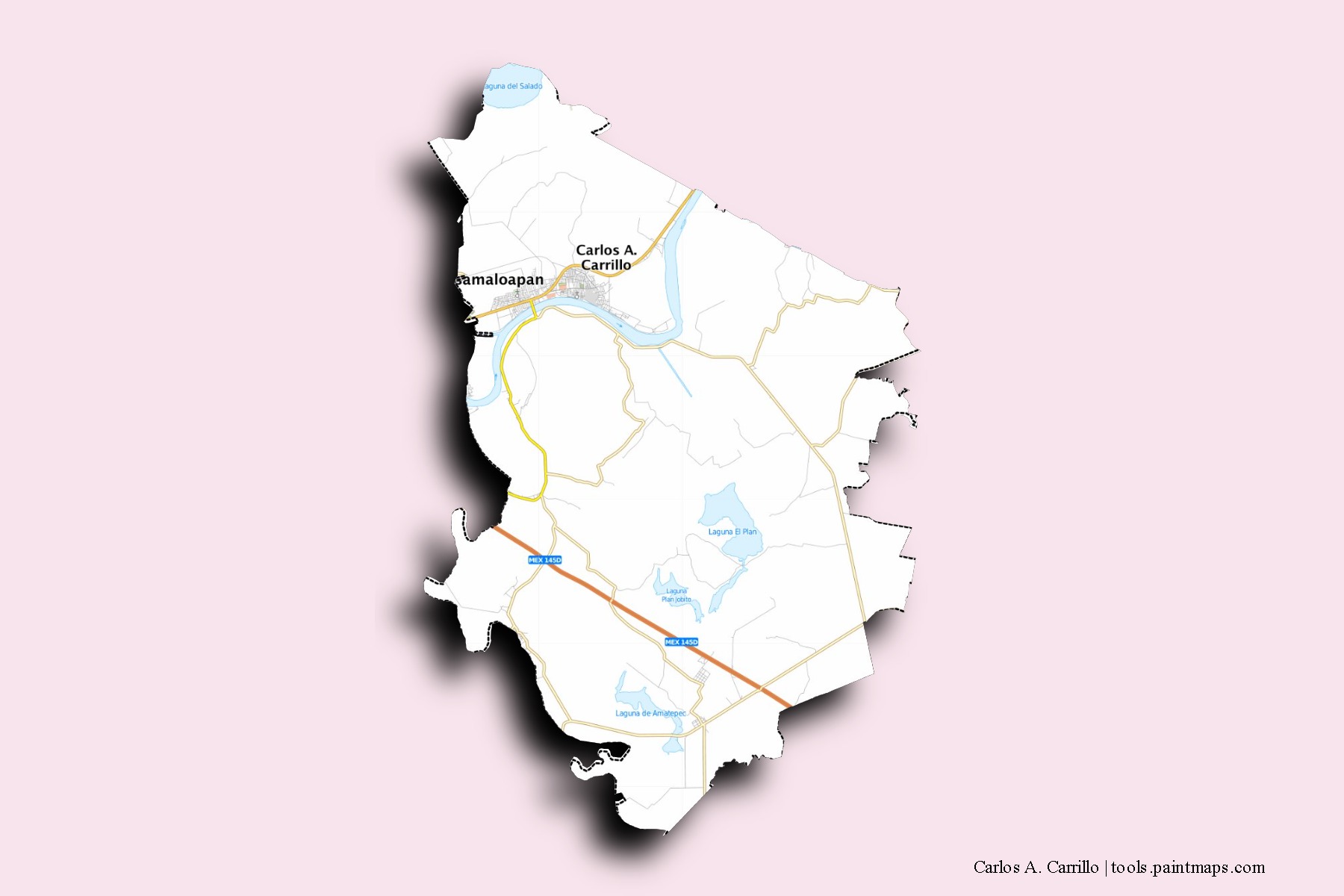 Mapa de barrios y pueblos de Carlos A. Carrillo con efecto de sombra 3D