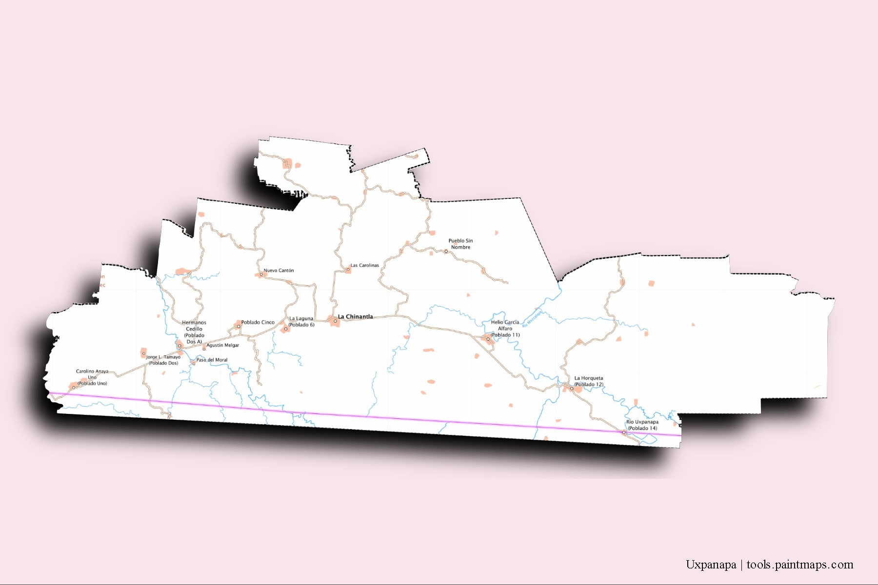 Uxpanapa neighborhoods and villages map with 3D shadow effect