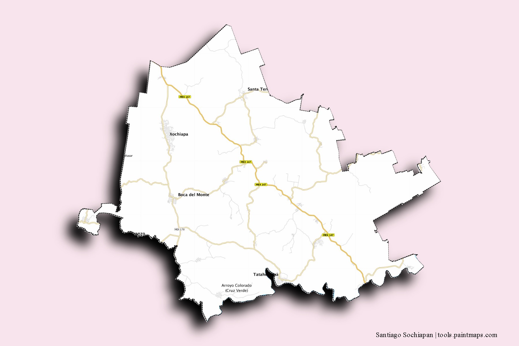 Mapa de barrios y pueblos de Santiago Sochiapan con efecto de sombra 3D