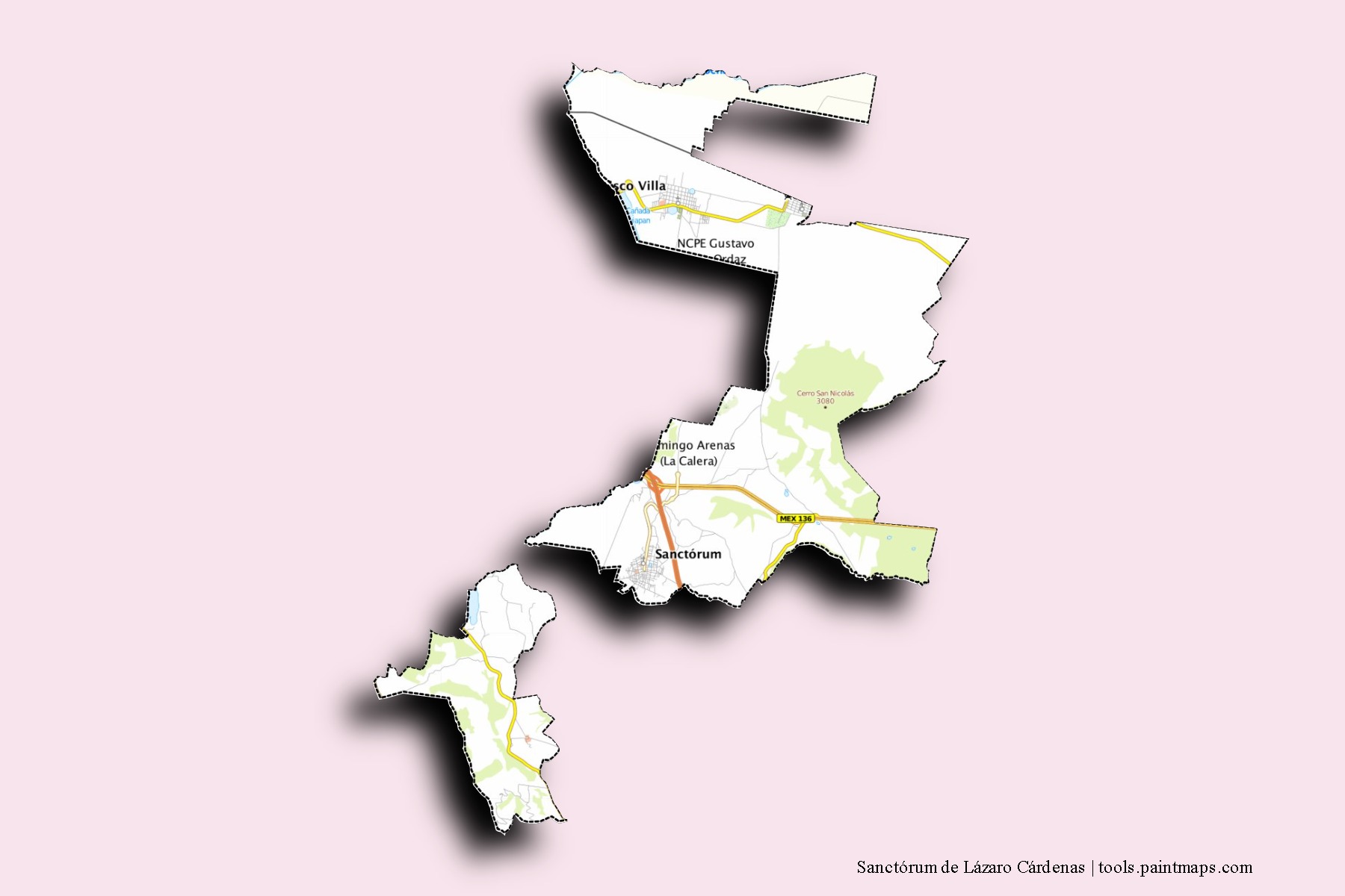 Sanctórum de Lázaro Cárdenas neighborhoods and villages map with 3D shadow effect